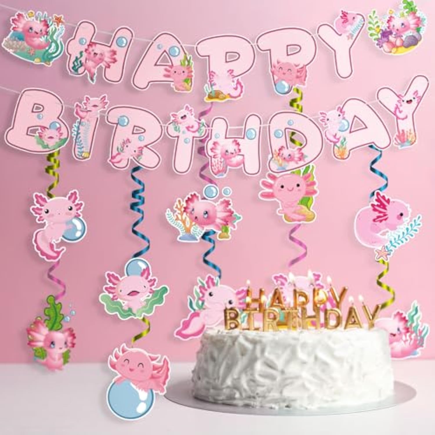 Axolotl Happy Birthday Banner - 12Pc Pink Birthday Decor Backdrop Sign Party Supplies Set Cute Animals Photo Background Supplies Hanging Swirls Decorations Girls Boys Women Men Children Kids