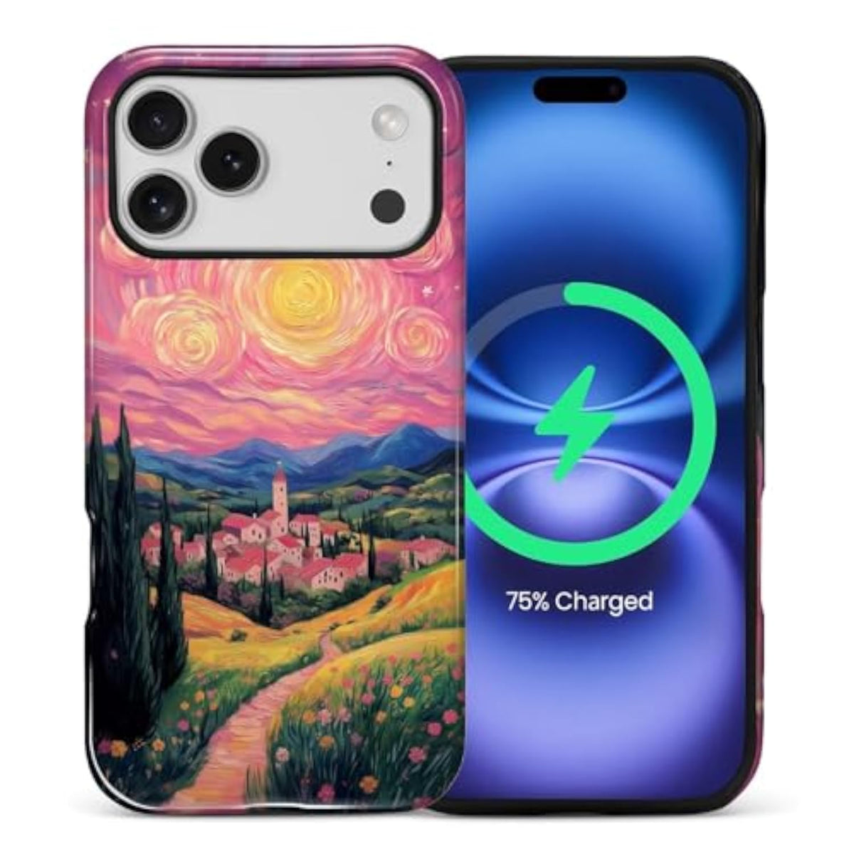 Dual Layer Protective Heavy Duty Shockproof Rugged Drop Protection Bumper Hybrid Case for iPhone 17 Pro Max - Pink Clouds Countryside Home