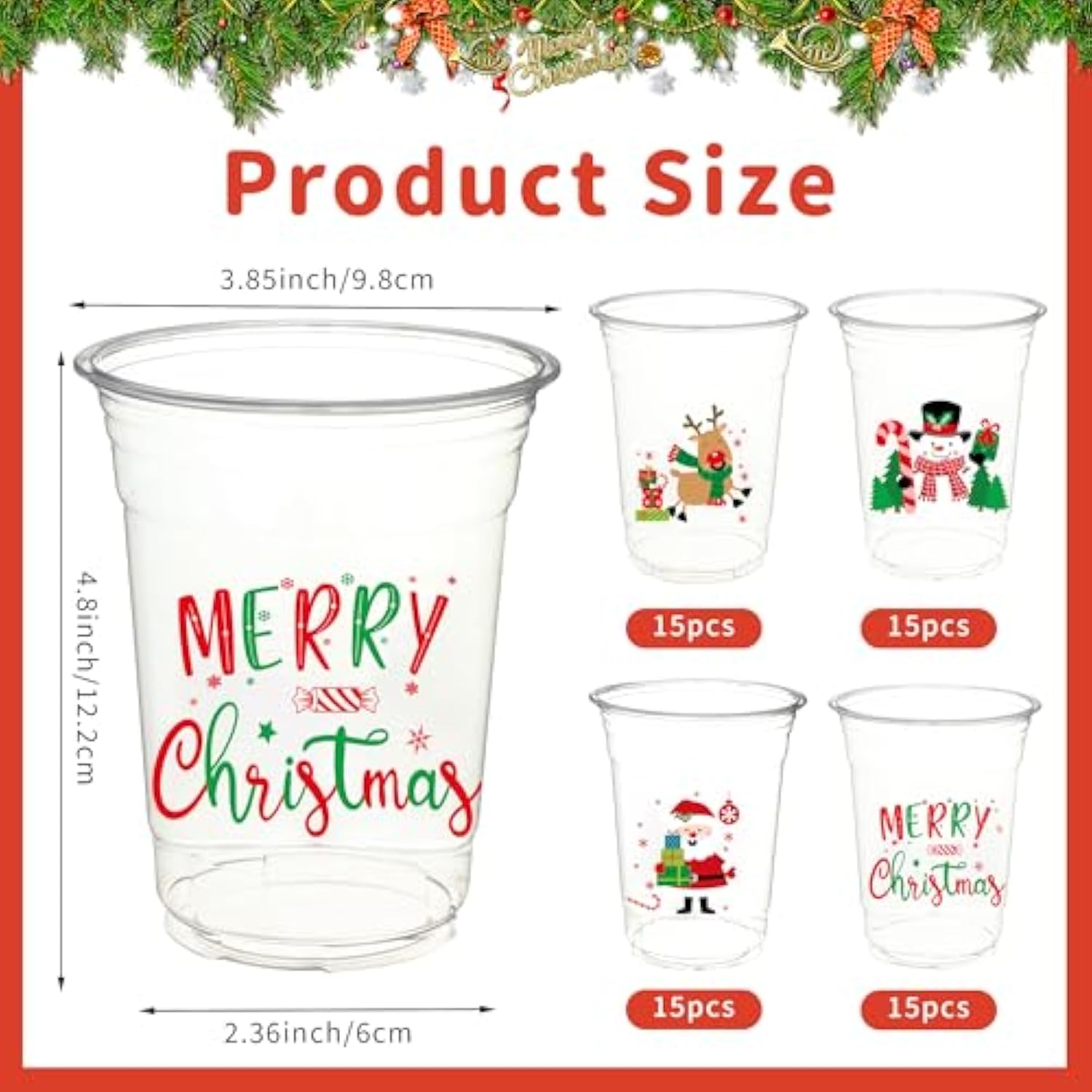 60 Pcs Christmas Plastic Cups 16 Oz Merry Christmas Clear Cup Disposable Xmas Snowman Santa Claus Clear Drinking Cups Bulk For Beverage Coffee Xmas Winter Party Supplies