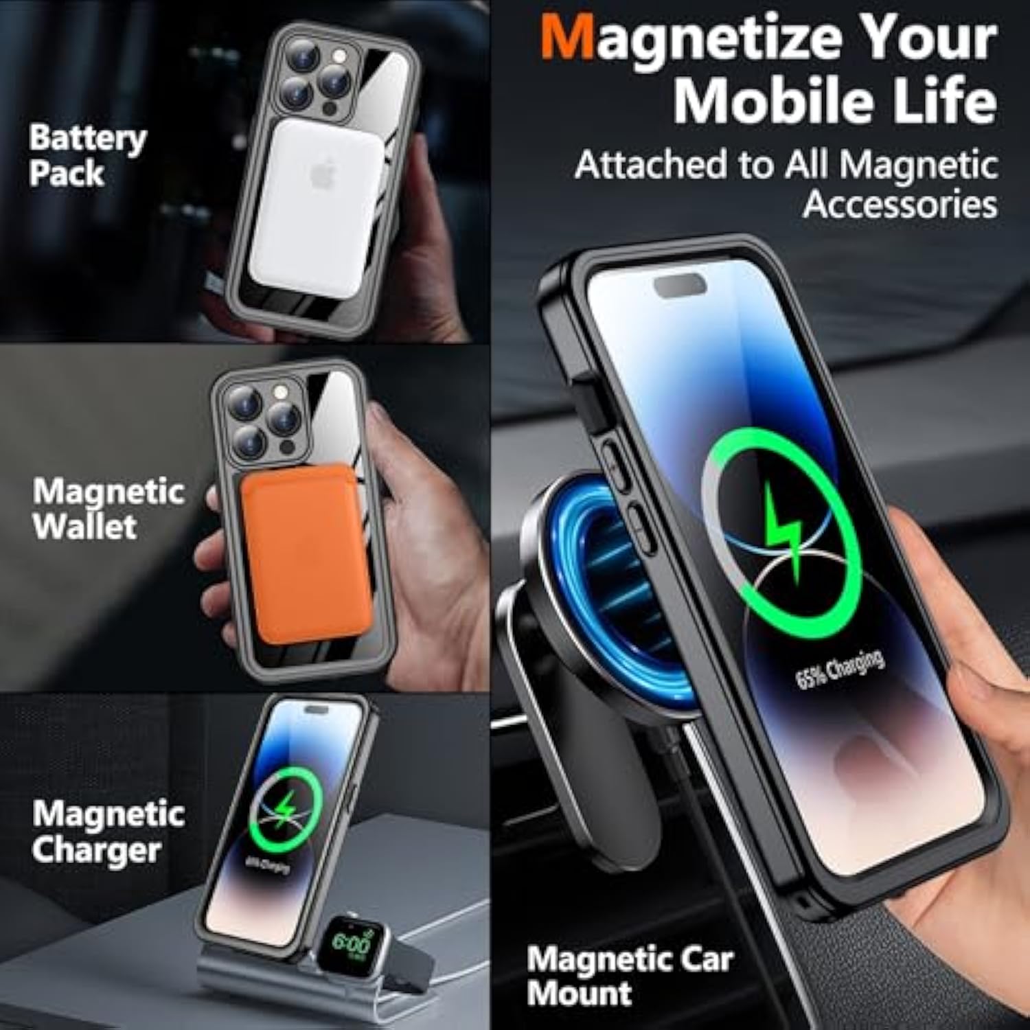 Magnetic For Iphone 14 Pro Case Waterproof,Built-In Screen & Camera Lens Protector[Ip68 Underwater] [Military Grade Shockproof] Full Body Protection Phone Case,Black/Clear