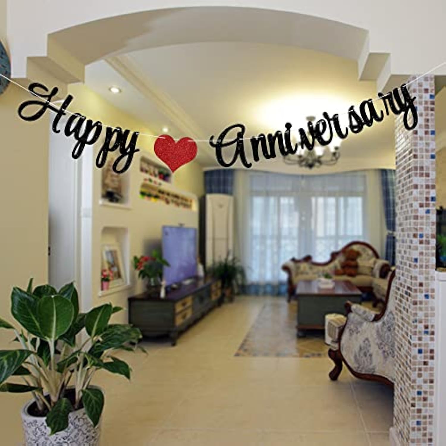 Black Glittery Happy Anniversary Banner For Wedding Anniversary Party Decorations