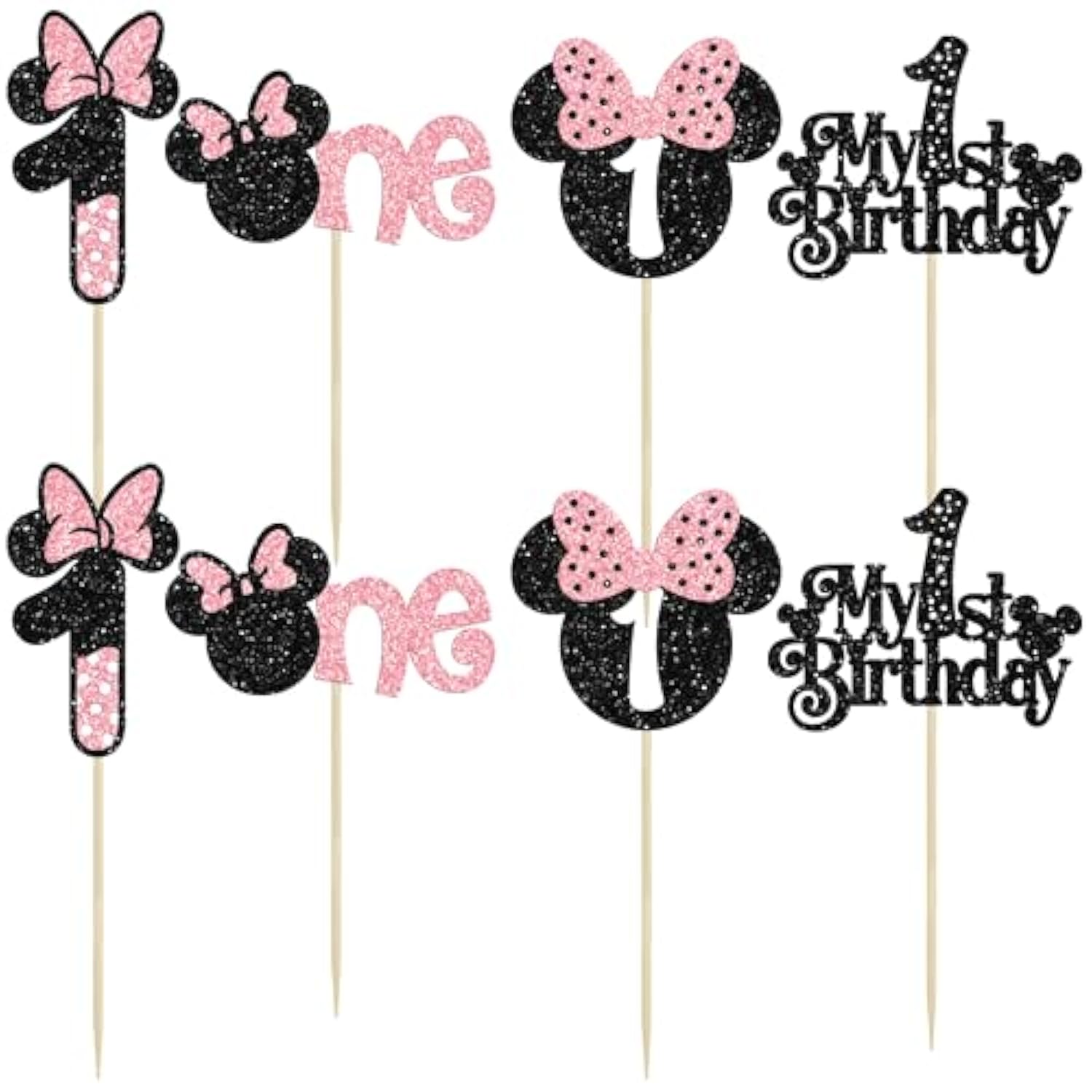 24Pcs Mouse 1St Birthday Cupcake Toppers, Pink Bow Mini First Birthday Cake Decorations Mouse One Cupcake Picks For Baby Shower 1St Birthday Party Decors Black Pink