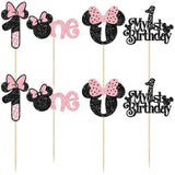 24Pcs Mouse 1St Birthday Cupcake Toppers, Pink Bow Mini First Birthday Cake Decorations Mouse One Cupcake Picks For Baby Shower 1St Birthday Party Decors Black Pink