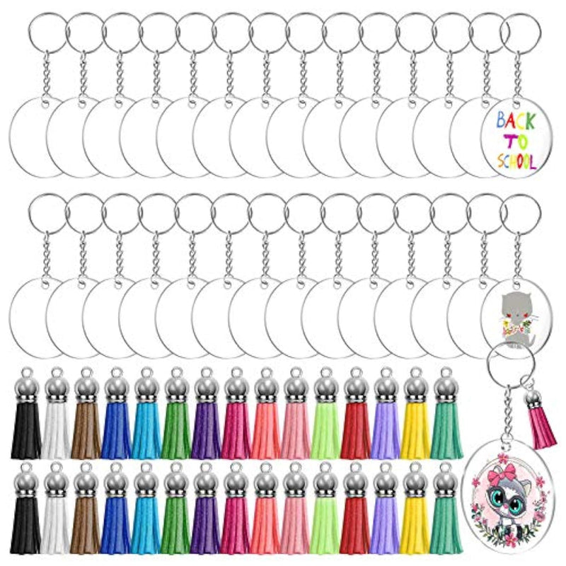 120Pcs Acrylic Keychain Blanks For Vinyl Kit Including 30Pcs Clear Acrylic Blanks, 30Pcs Keychain Tassels, 30Pcs Key Rings And 30Pcs Jump Rings For Diy Key Chain Vinyl Crafting