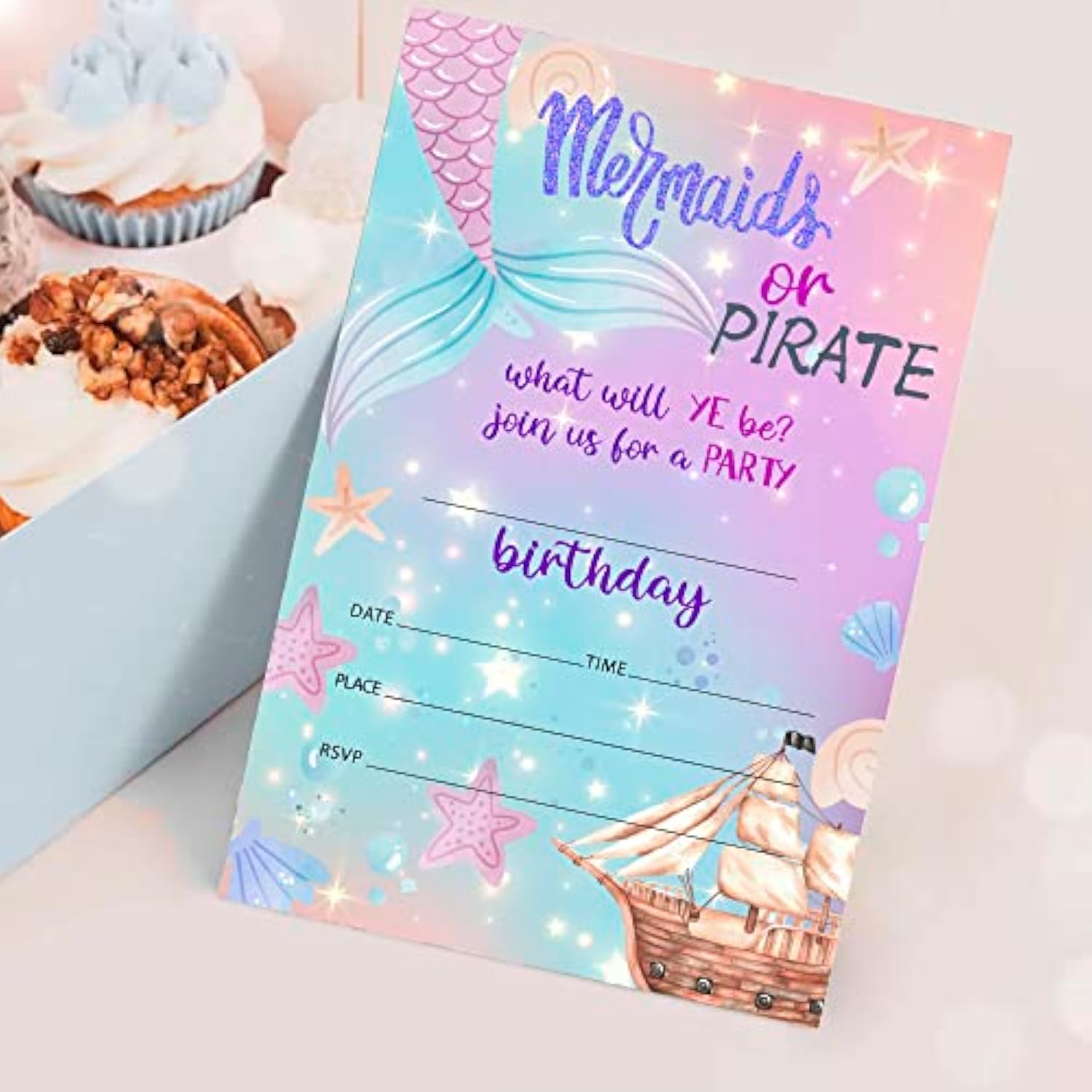Birthday Invitations, Mermaid Or Pirate Party Decorations, Supplies, Mermaid Kids Teen Birthday Party Celebration Favors For Boys Or Girls - Pack Of 20 Cards With Envelopes (001)