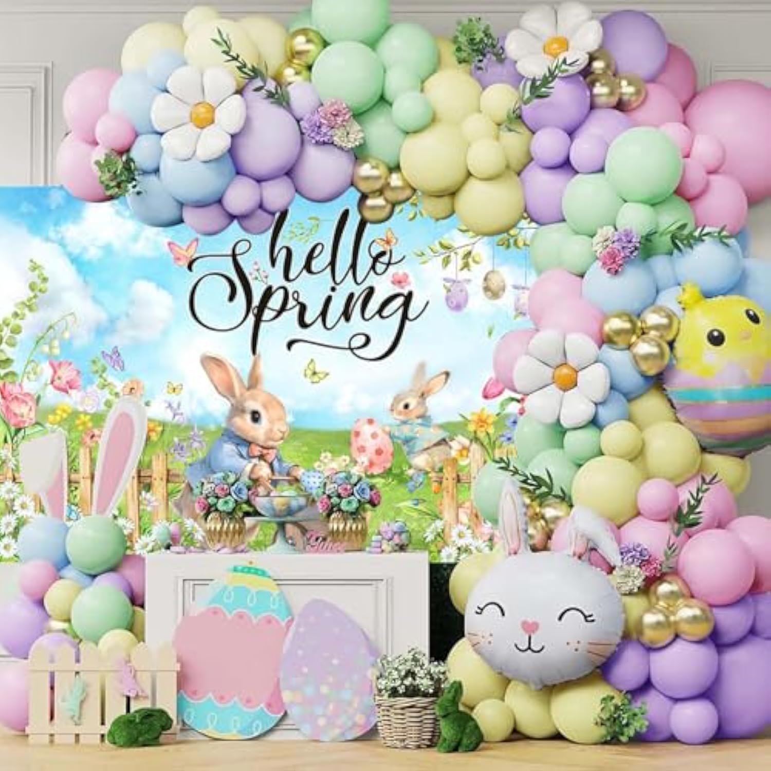 Hello Spring Backdrop Easter Party Banner Greenery Spring Festival Easter Photo Backdrop Colorful Happy Easter Party Decorations Supplies Banner (Greenery, 70.8X43.3 Inch)