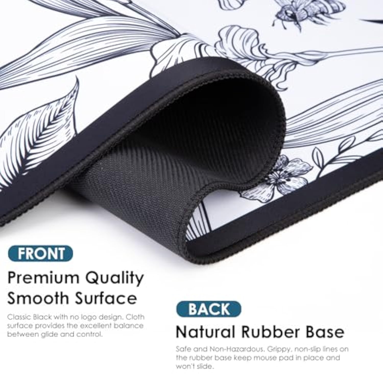 Black Large Extended Mouse Pad, Beautiful Flowers Plants, Waterproof Mouse Mat For Home And Office, Gaming Mousepad Laptop Keyboard Mat With Nonslip Base, Stitched Edges (31.5"X11.8"X0.12")