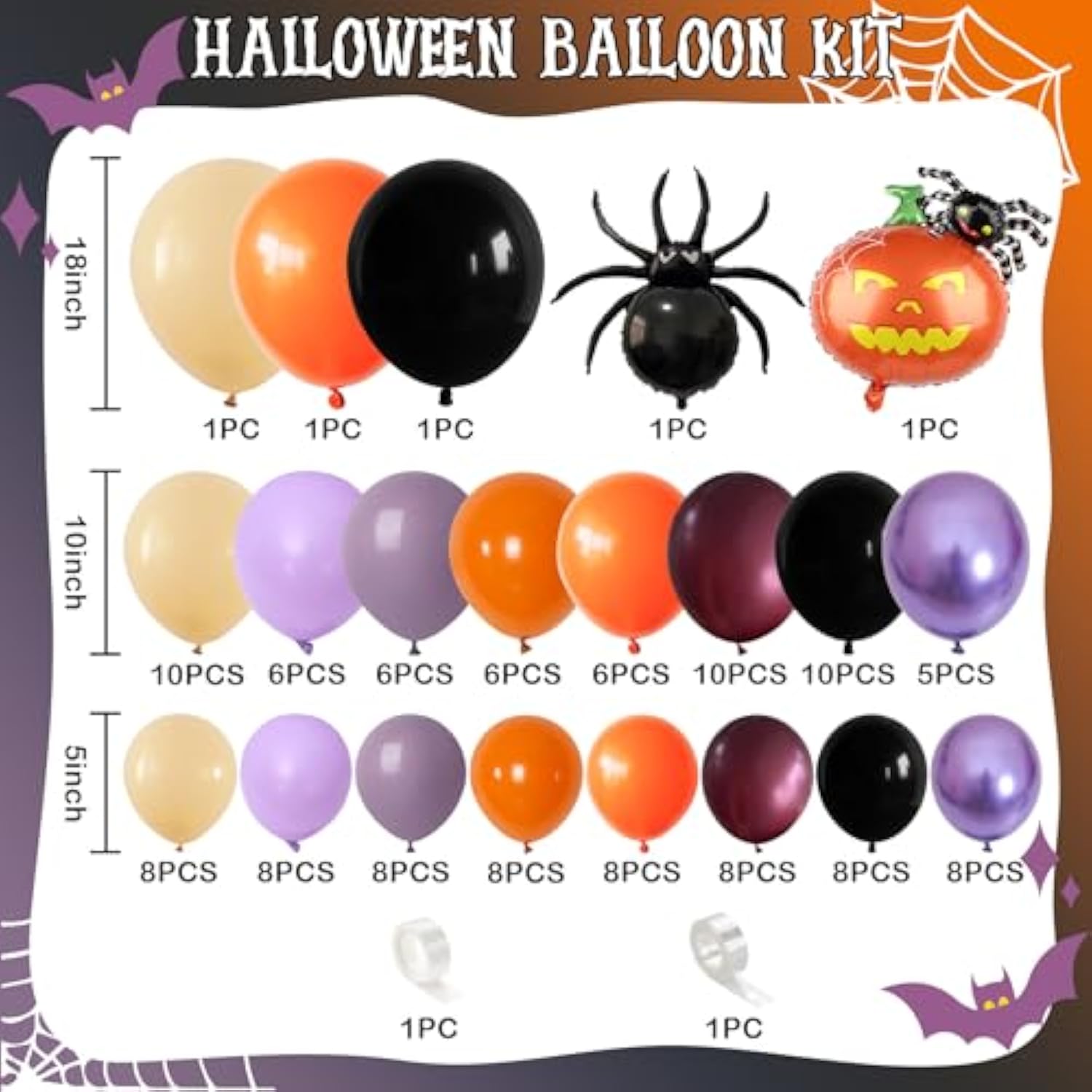 128Pcs Halloween Balloon Arch Kit - Orange, Purple, Black with Spider & Pumpkin Balloons