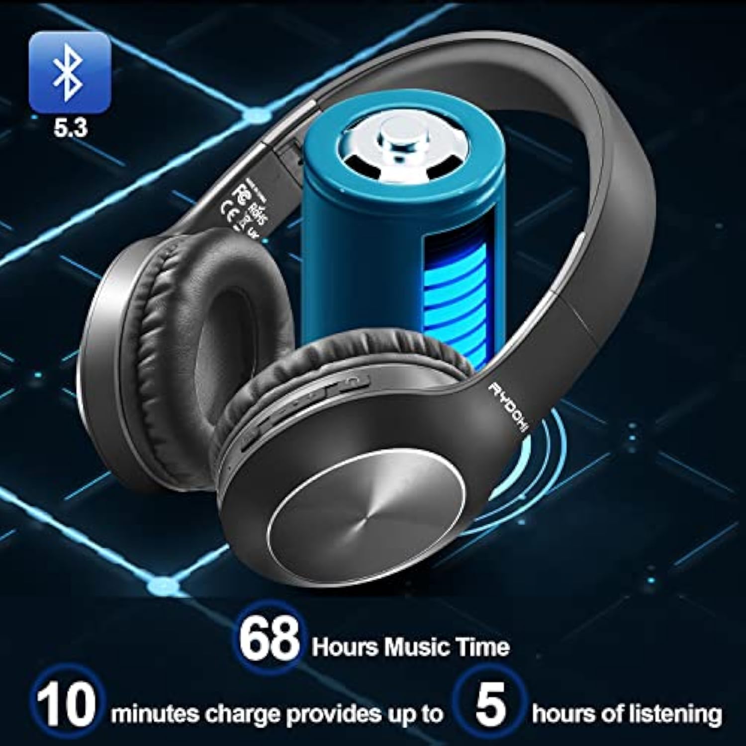 Bluetooth Headphones Over Ear, 68H Playtime And 3 Eq Music Modes Wireless Headphones With Microphone/Deep Bass, Hifi Stereo Foldable Lightweight Headset For Pc Home Travel Office ?Black
