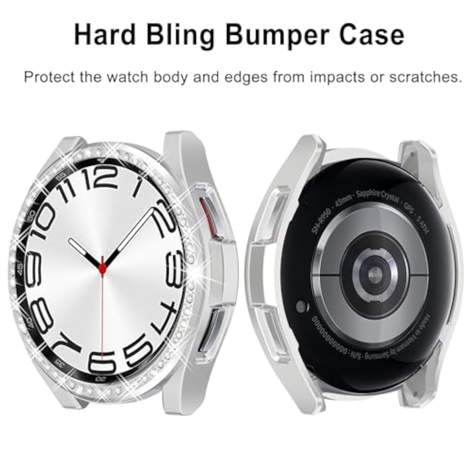 2 in 1 Watch Bling Case for Samsung Galaxy Watch 6 Classic 43mm SM R950 PC Protective Bumper Cover Glitter Rhinestone Bezel Ring Silver