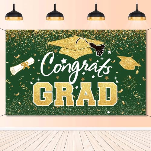 Graduation Party Decorations - Green Gold Congrats Grad Class of 2026 Backdrop Banner Large Sign Wall Decorations Photography Background Party Supplies for 2026 Graduation Party Decorations