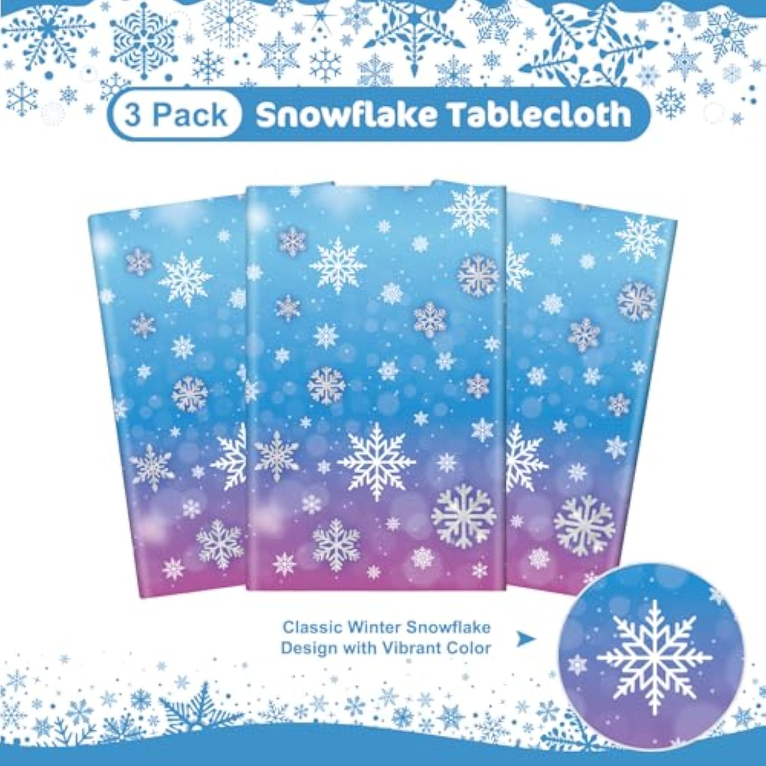 3 Pcs Winter Snowflake Tablecloth - Frozen Wonderland Plastic Table Cloth Disposable Rectangular Snowflakes Table Cover For Frozen Birthday Party Supplies And Christmas Tables Decorations,108 X 54Inch