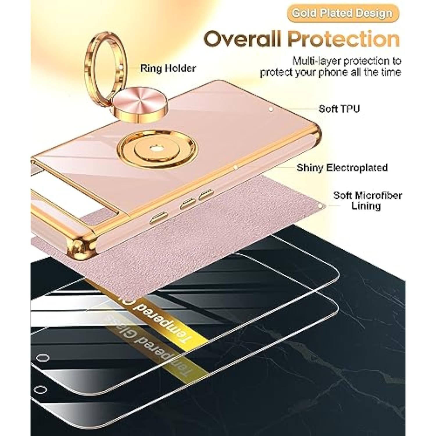 For Pixel 6A Case: With Tempered Glass Screen Protector [2 Pack] 360° Rotatable Ring Holder Magnetic Kickstand, Plating Rose Gold Edge For Google Pixel 6A Case, Pink