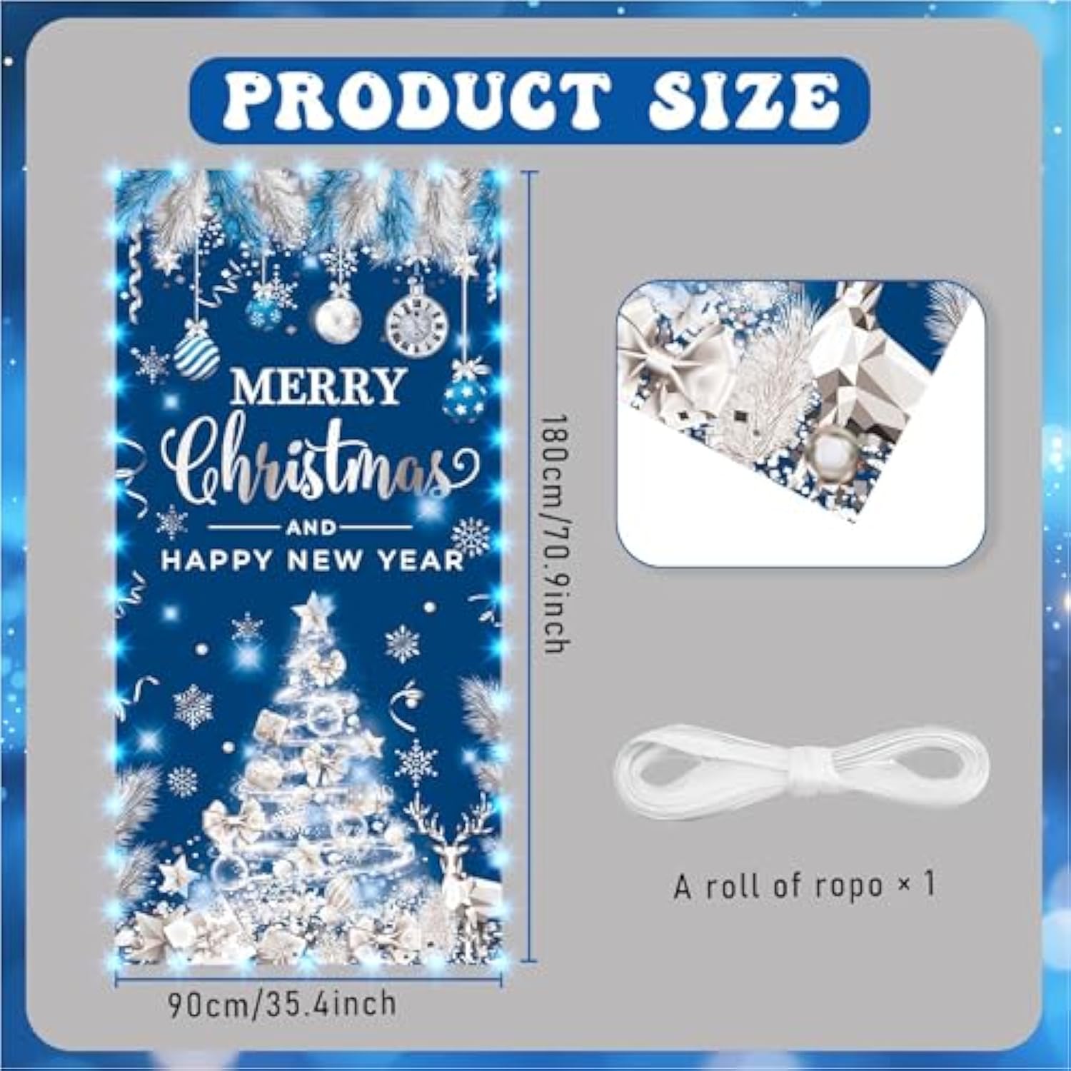 Lighted Christmas Door Cover For Front - Merry Xmas Banner Blue Silver Tree Themed Decorations With Lights, Christmas And Happy New Year Backdrop For Holiday Party Supplies