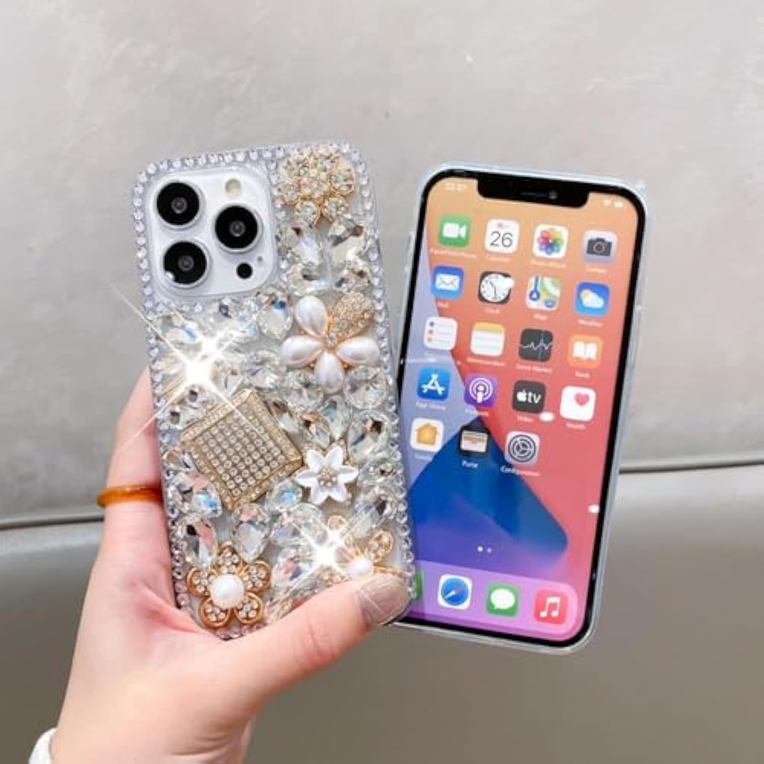 For Iphone 16 Pro Max Bling Case With Wrist Strap For Women Girls Luxury 3D Glitter Diamond Crystal Rhinestone Sparkle Shiny Gemstone Perfume Bottle And Flower Cover Soft Tpu Bumper