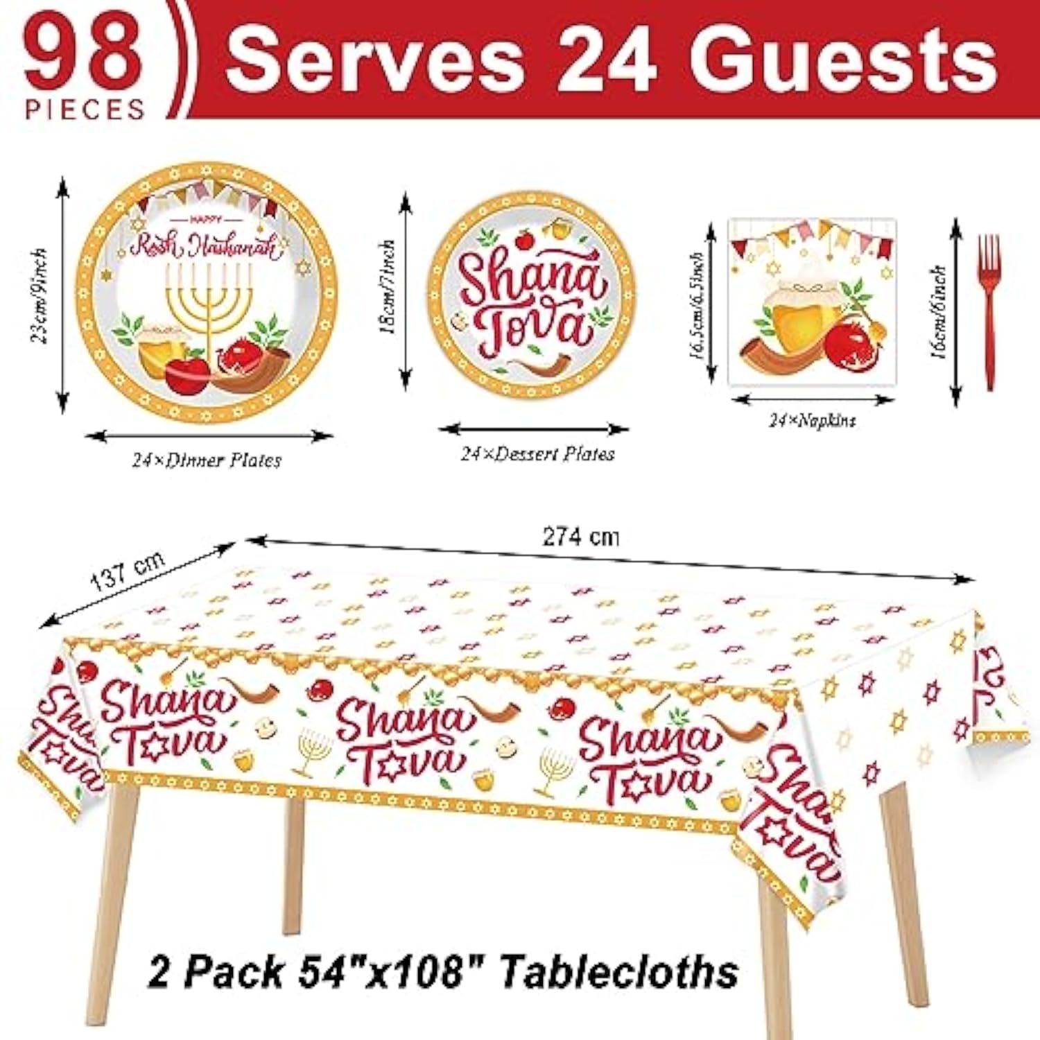 98pc Rosh Hashanah Party Supplies Plates Napkins Tablecloth for 24 Guests