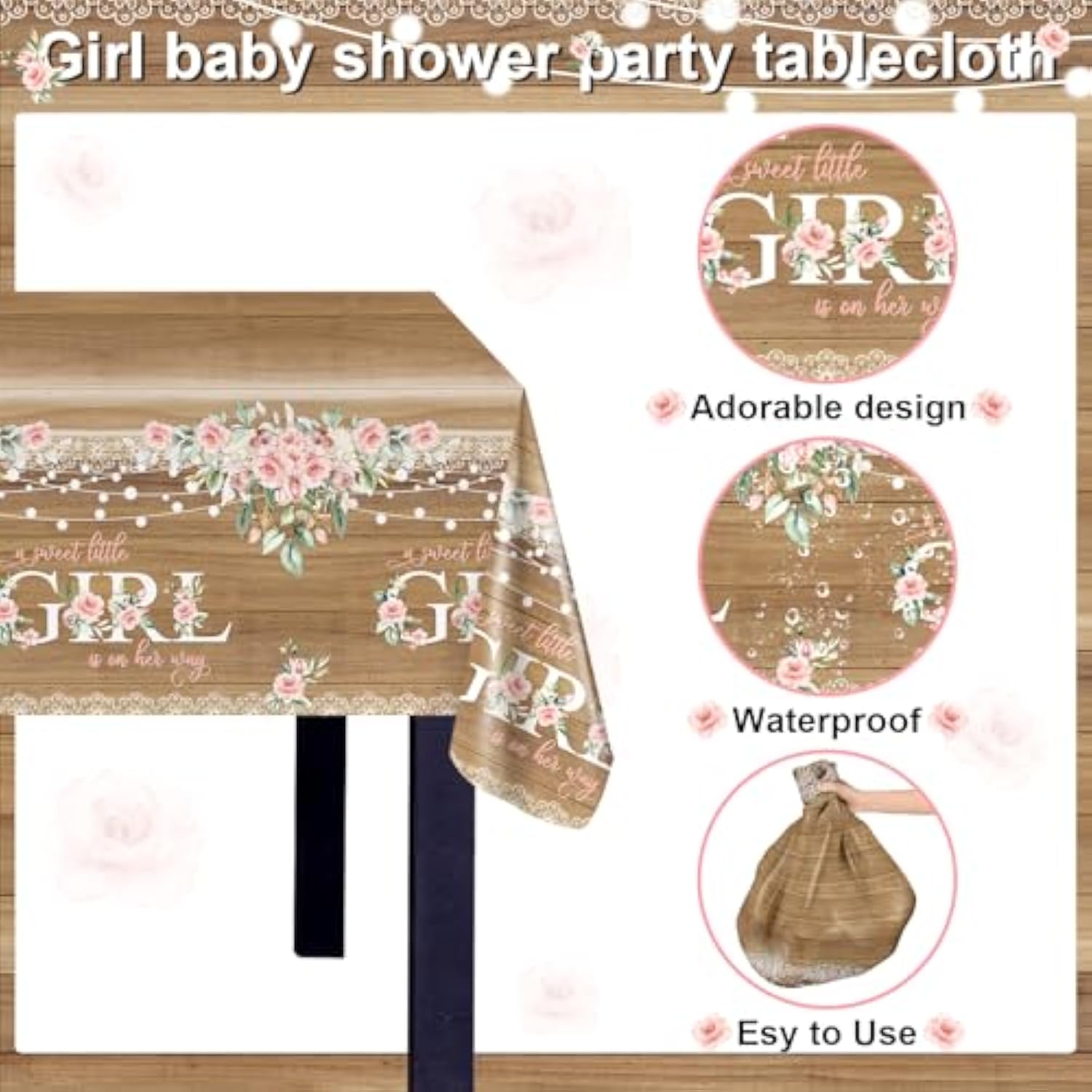 3Pcs Girl Baby Shower Tablecloth Rustic Girl Baby Shower Party Decorations Floral Sweet Tablecovers Decor Large Size, 108 X 54 Inches