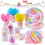 145PCS Unicorn Birthday Party Supplies Set with Banner, Plates, Cups & Cutlery for 24 Guests