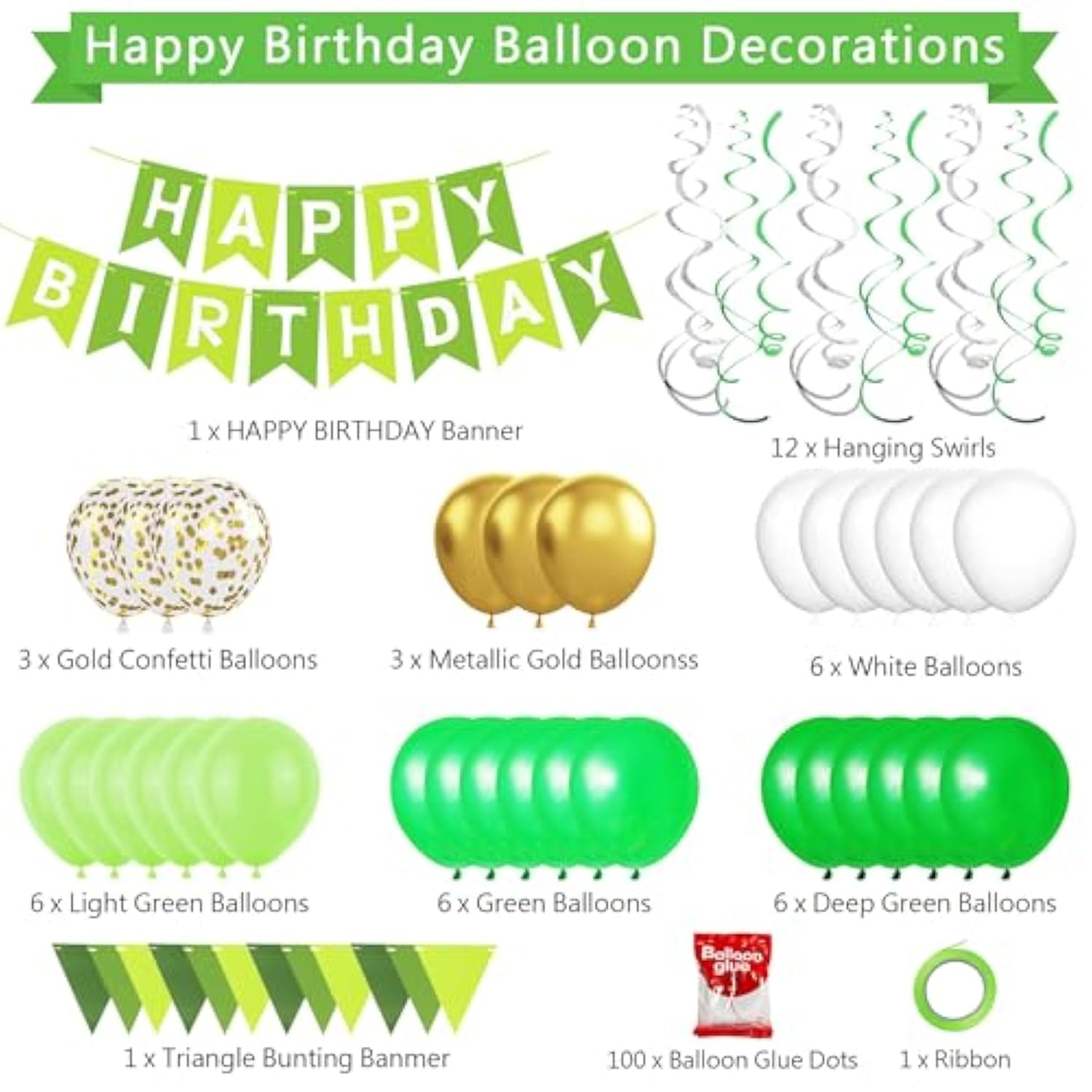 Green Birthday Decorations Banner, Swirls, Bunting & Balloons for Men & Boys