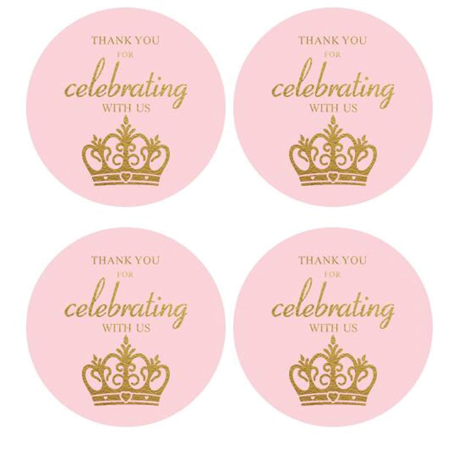 2 Round 50 Pack Crown Thank You Label Stickers Birthday Party Sticker Labels Candy Stickers For Birthday Party Baby Shower Wedding Favors, Pink