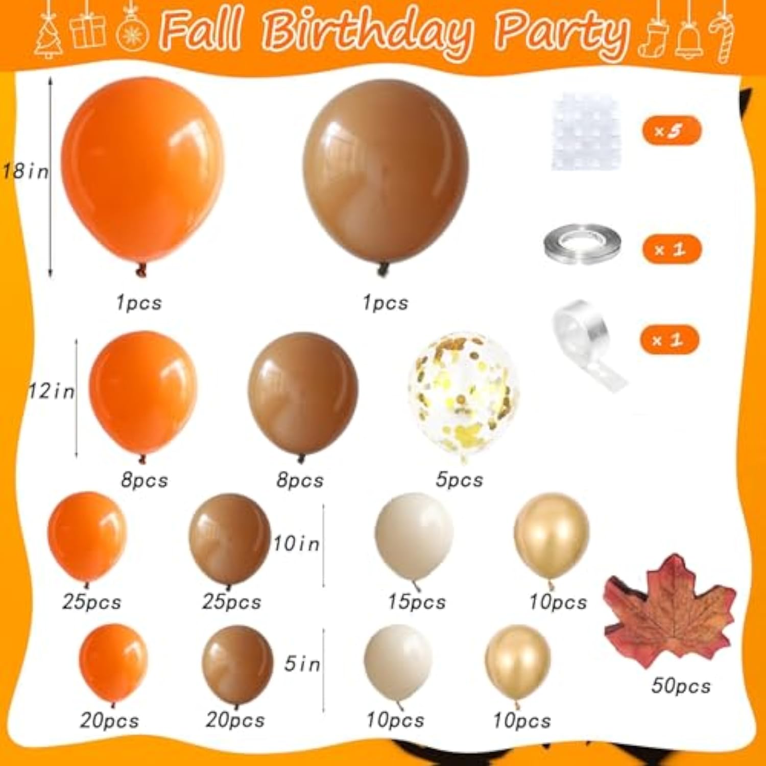 215pcs Fall Balloon Arch Kit – Orange, Brown & White with Maple Leaf Decor