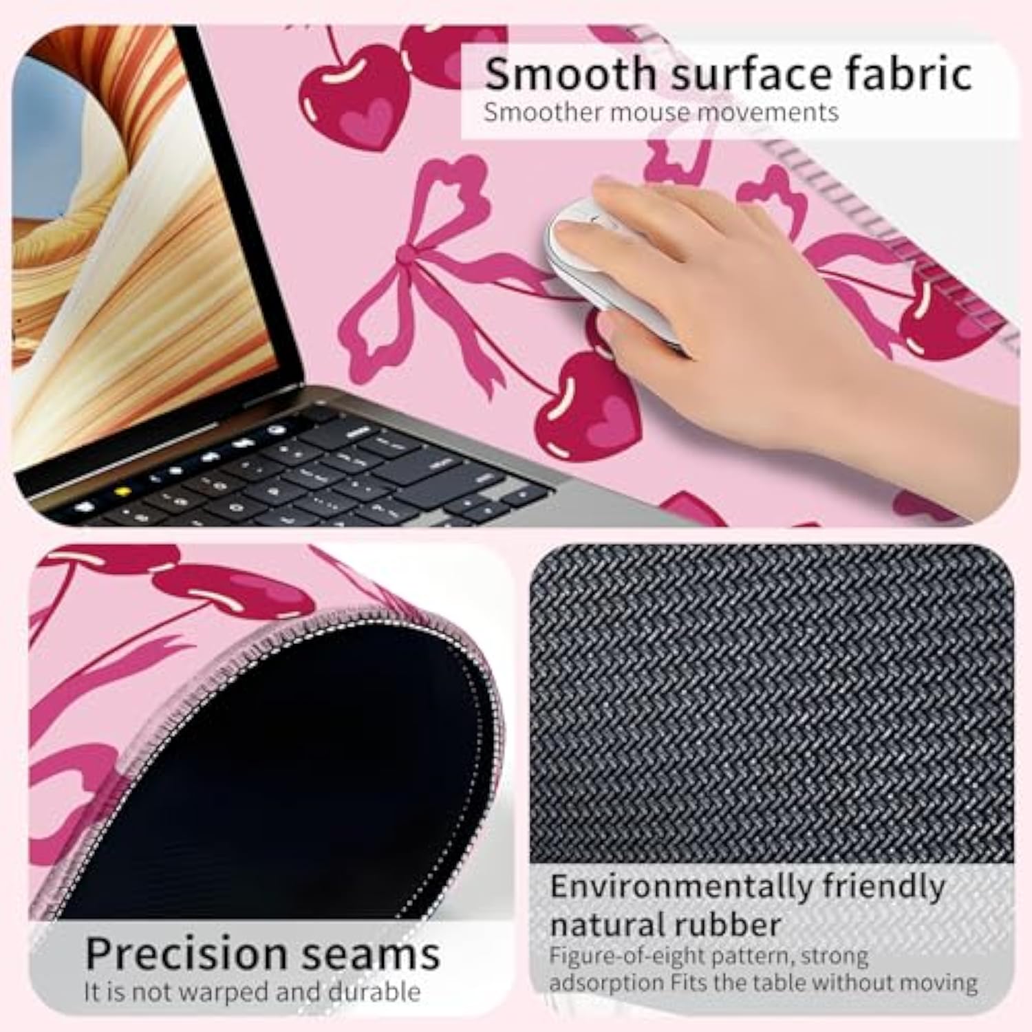 Gaming Mouse Mat Forest Background Pattern Xxl Xl Large Mouse Mat Long Extended Mouse Pad Desk Mat Non-Slip Rubber Mice Pads Stitched Edges (31.5 X 11.8)(Cute Cherry)