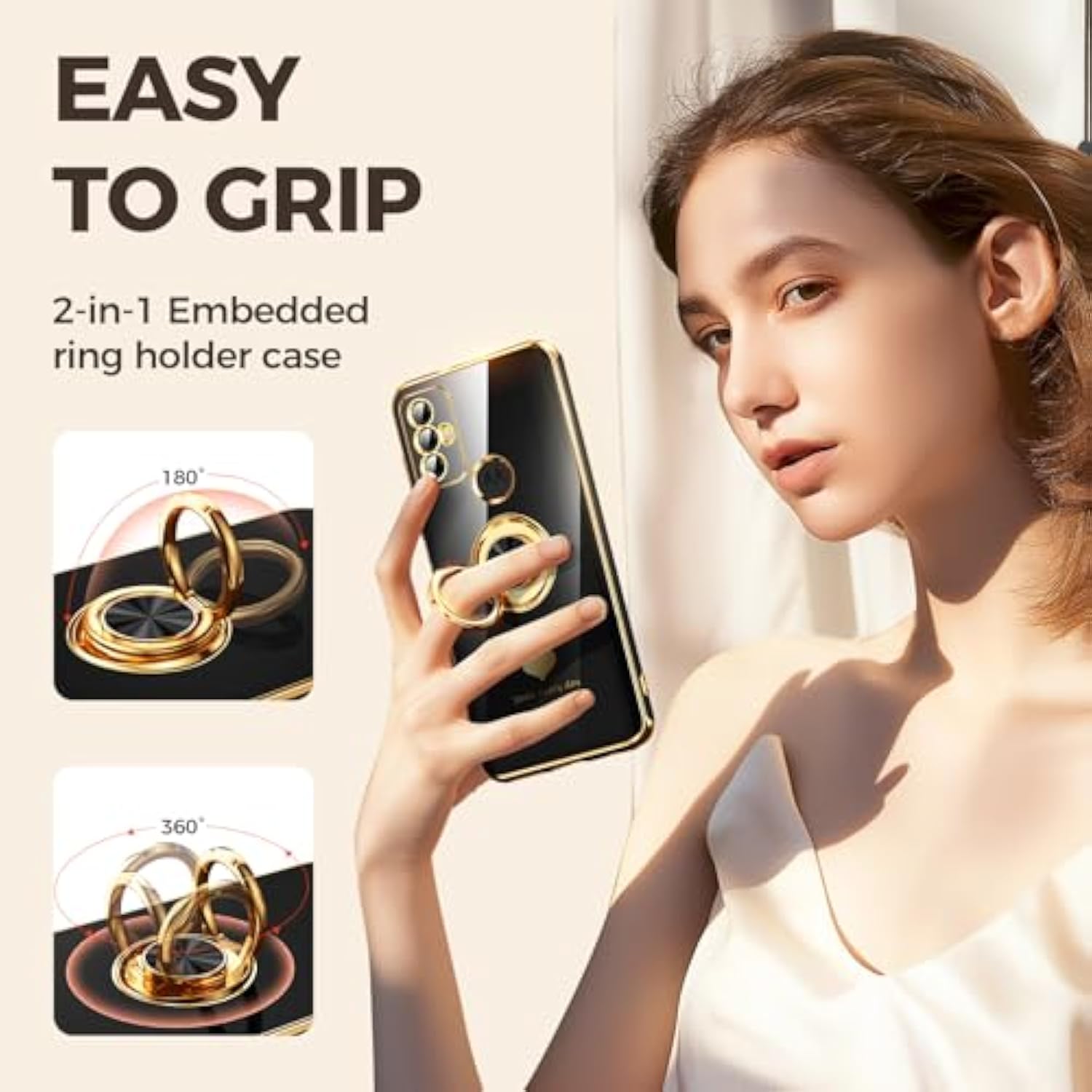 For Moto G Play 2023 Case With 2 Pack Screen Protector, 360° Rotatable Ring Holder [Luxury Hearts Pattern] Plating Gold Edge Slim Soft Phone Cover Case For Moto G Play 2023 - Black