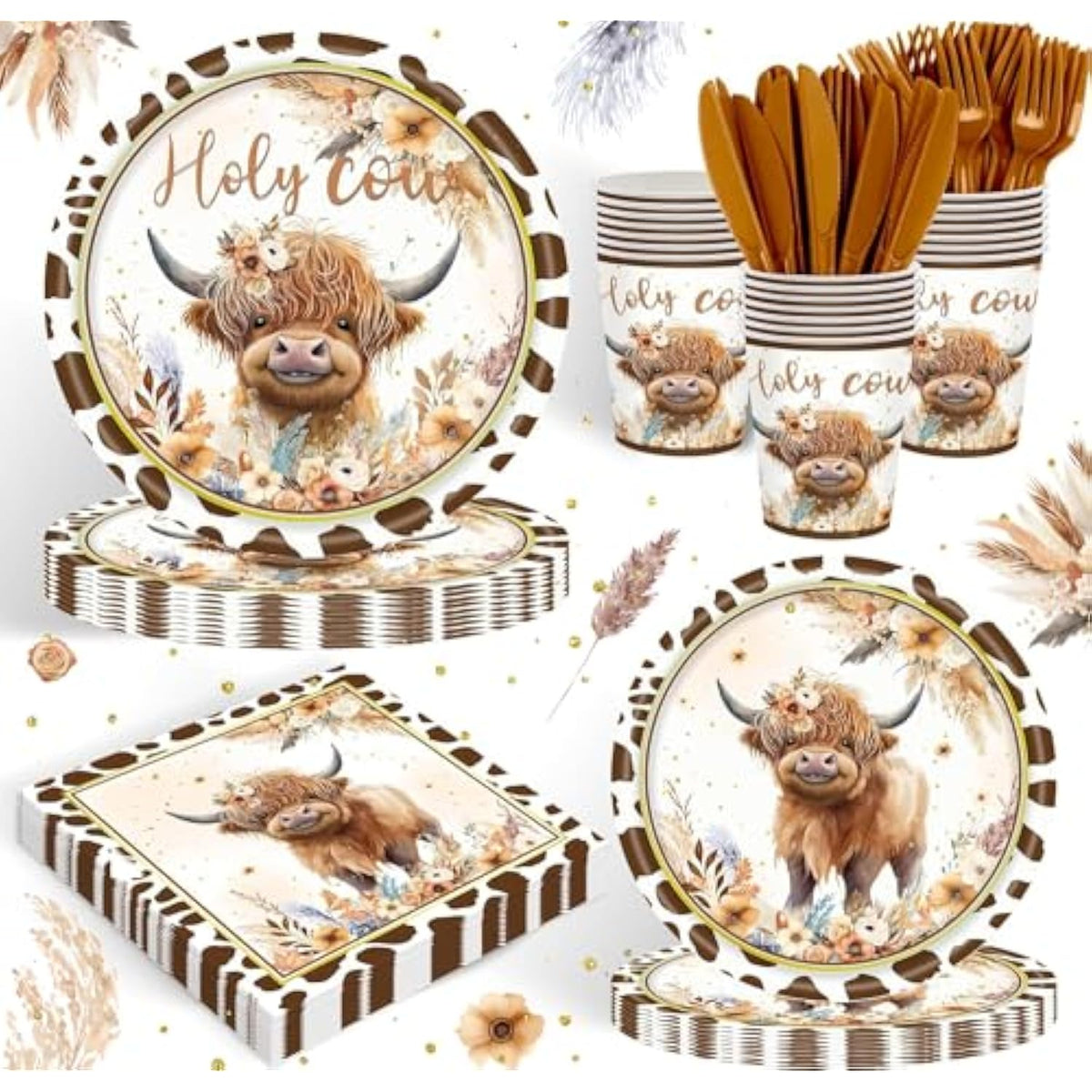 120Pcs Boho Highland Cow Party Supplies For Boys Girls Holy Cow Highland Themed Baby Shower Birthday Party Decorations Tableware Set Plates Napkins Cups Set For 20 Guests