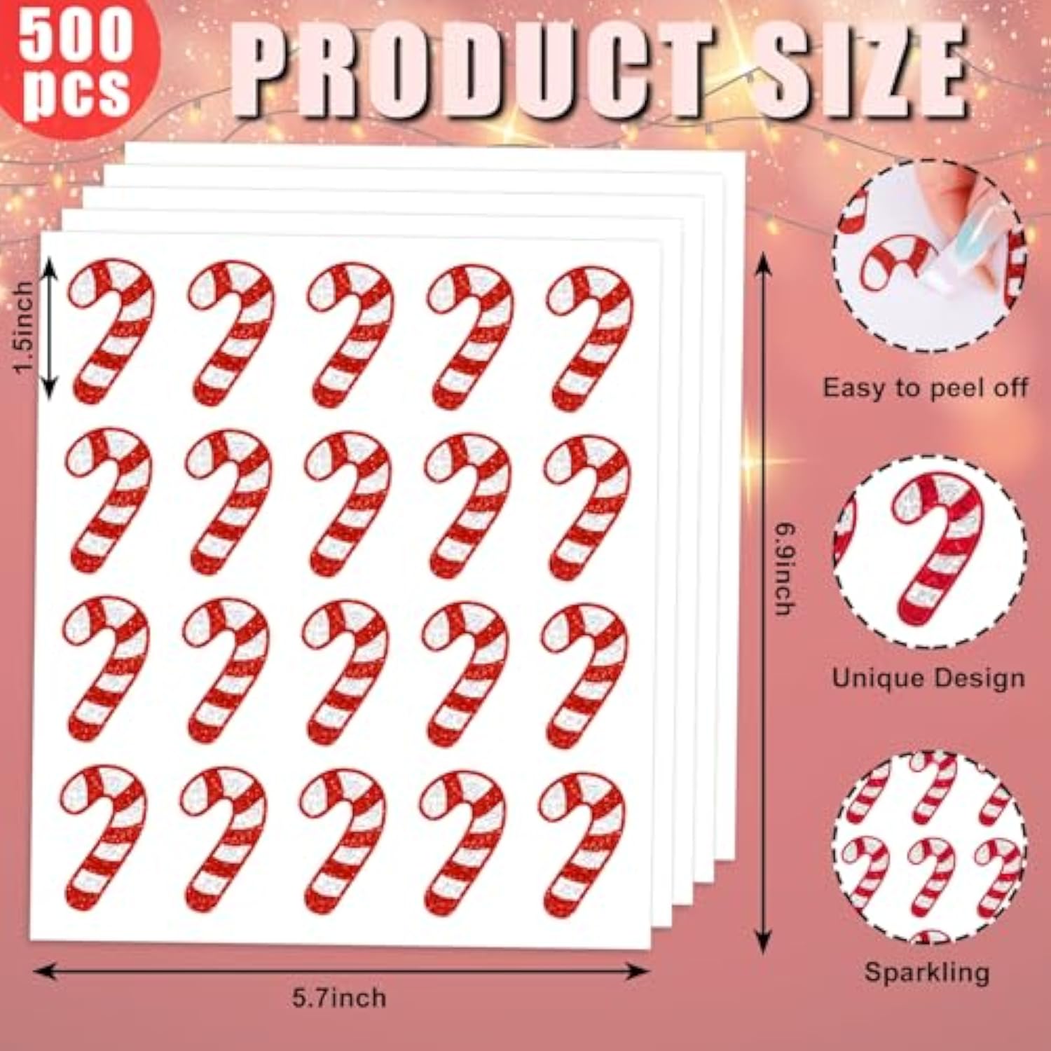 500Pcs Christmas Paper Stickers Glitter Candy Cane Envelope Seal Stickers Red White Self-Adhesive Label Decals For Xmas Winter Greeting Cards Sealing Craft Supplies