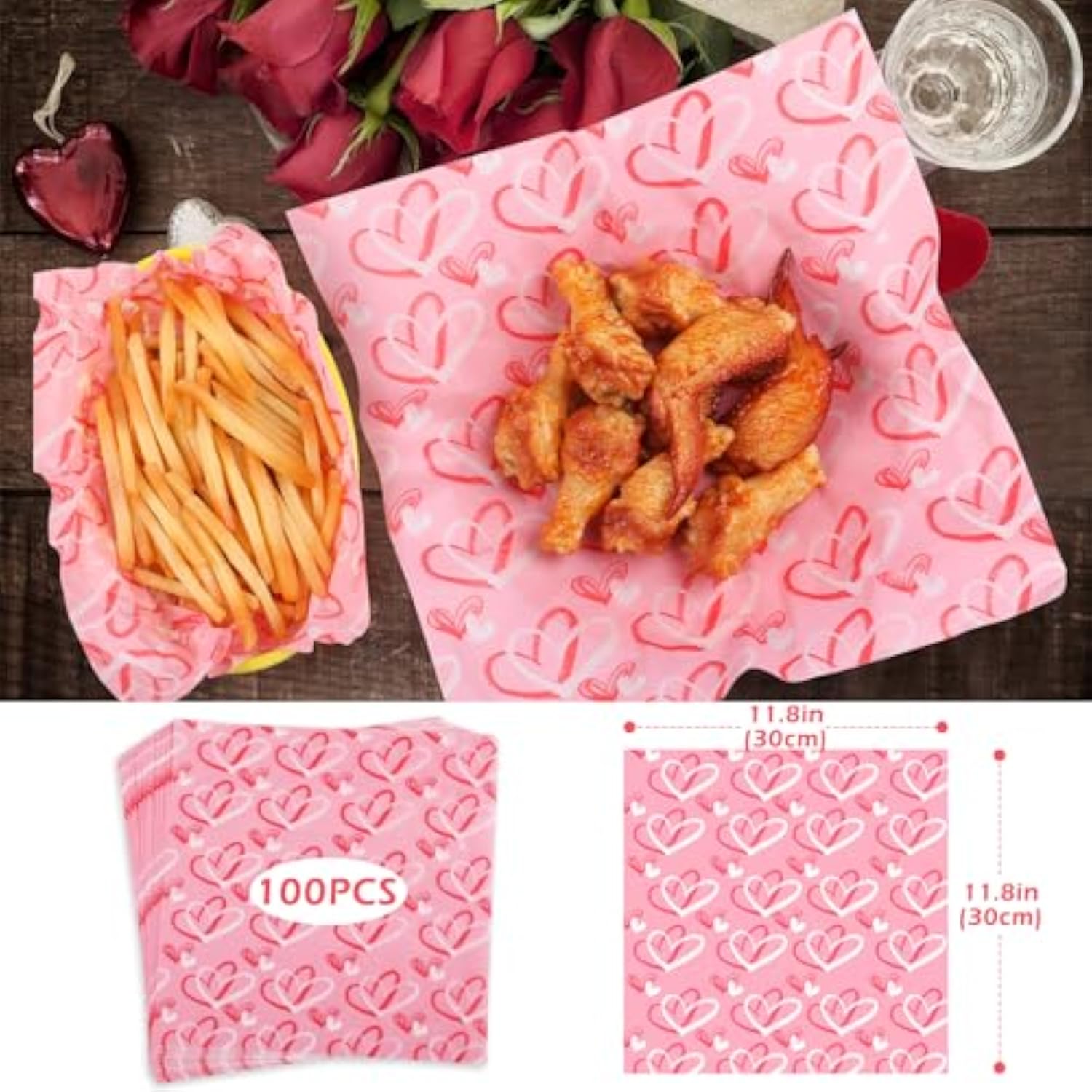 Waxed Deli Paper Sheets 100 Pcs, Happy Valentine'S Day Food Basket Liners For Sandwiches Fries 12 * 12 Inch,Wedding Burgers Deli Wrap Wax Paper Sheets Love Hearts Red
