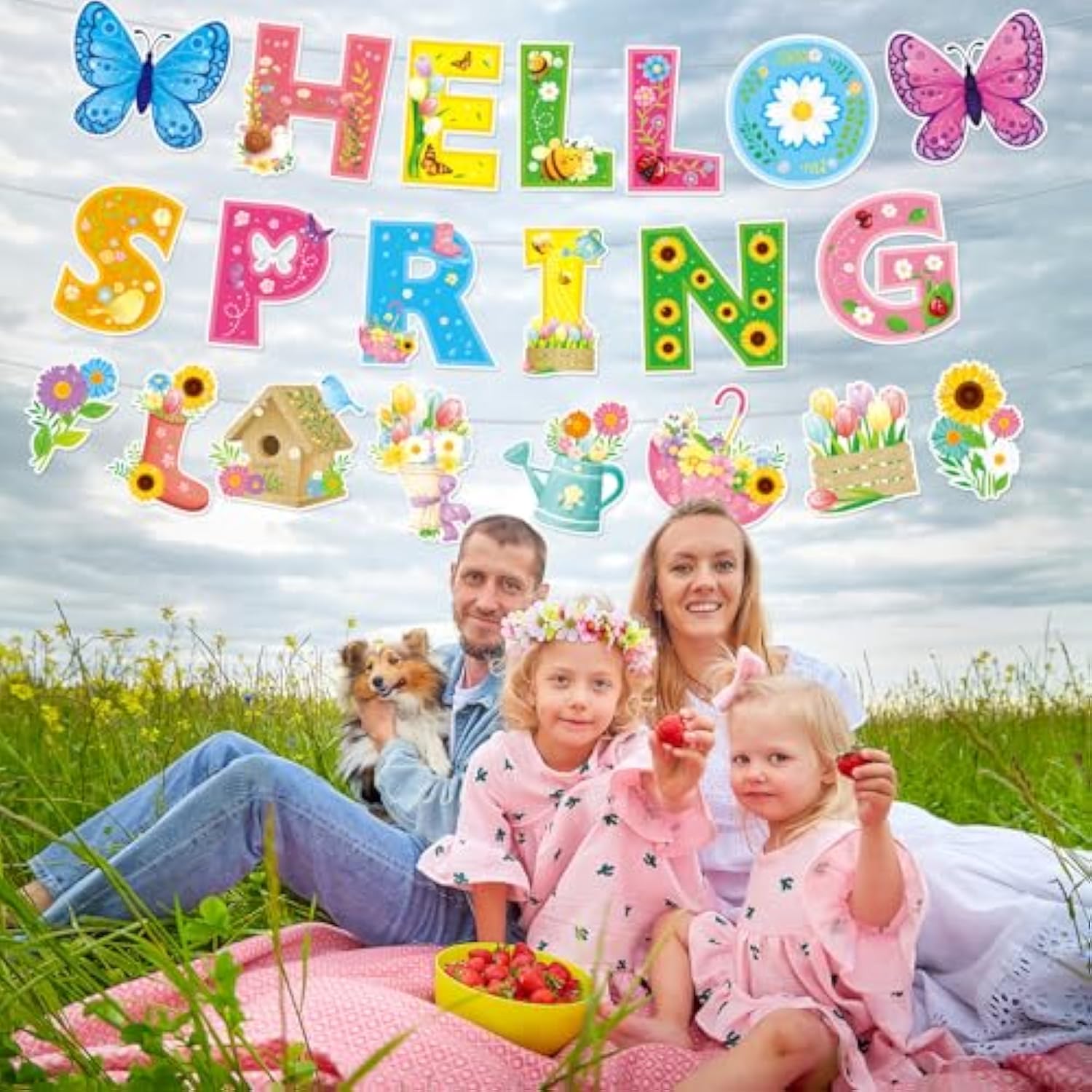 Hello Spring Banner, 4Pcs Spring Banner Decorations Flowers Bloom Garland For Welcome Spring Fireplace Mantle Party Spring Easter Birthday Bunting Banner Double-Sided