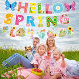 Hello Spring Banner, 4Pcs Spring Banner Decorations Flowers Bloom Garland For Welcome Spring Fireplace Mantle Party Spring Easter Birthday Bunting Banner Double-Sided