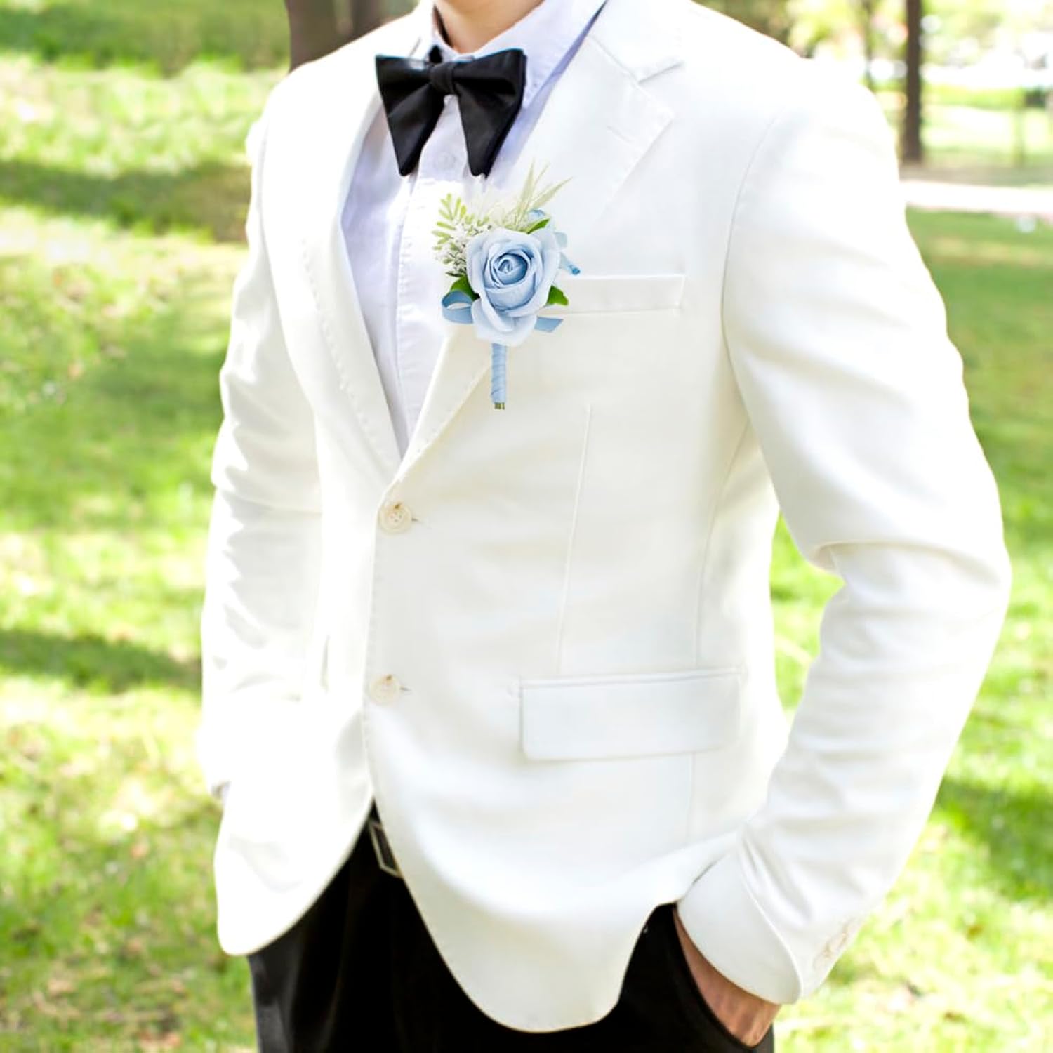 Light Blue Corsage And Boutonniere Set For Wedding Prom, Artificial Rose Babysbreath Flower Wrist Corsage Bracelets, Homecoming Corsage Wristlet, Boutonniere For Men Wedding Suit Decorations