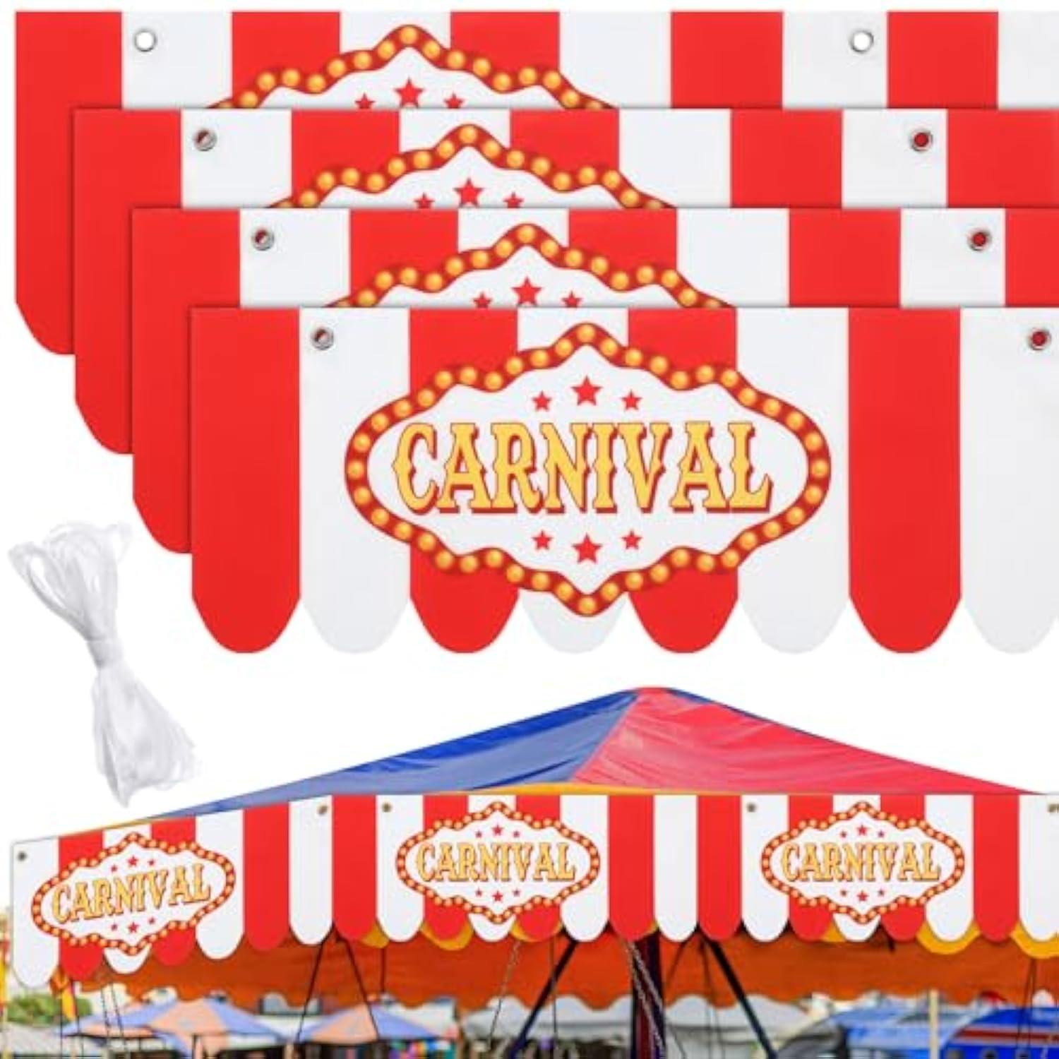 4 Pcs Carnival Awning Decorations Circus Tent Wall Decor Hanging Banners Red And White Stripe Canopy Stand Sign Circus Carnival Theme Party Supplies, 9.84 X 78.74