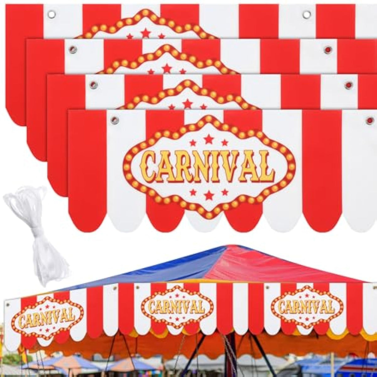 4 Pcs Carnival Awning Decorations Circus Tent Wall Decor Hanging Banners Red And White Stripe Canopy Stand Sign Circus Carnival Theme Party Supplies, 9.84 X 78.74
