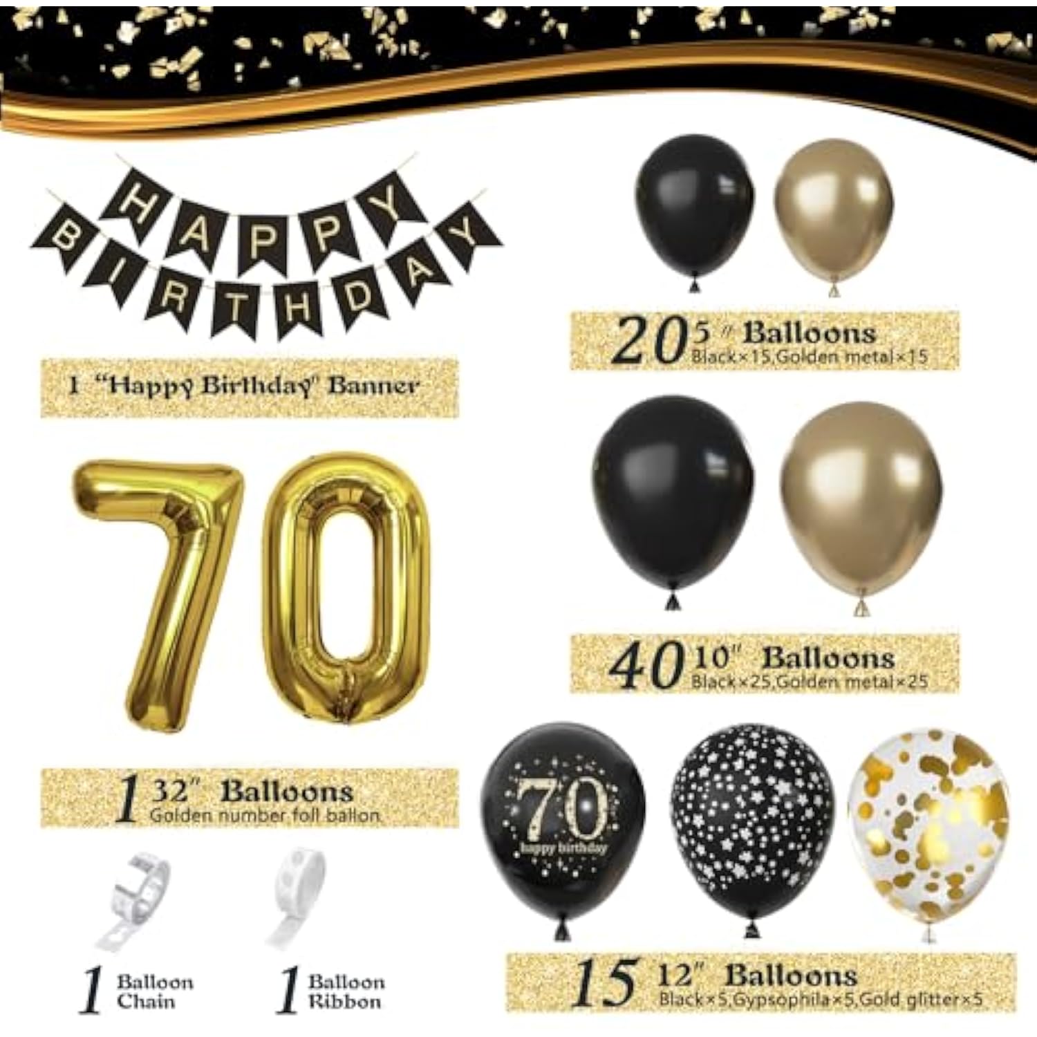 70Th Birthday Decorations Men Women, Black And Gold 70Th Birthday Balloons Set Party Decorations With Happy 70Th Birthday Decorations Banner?Black Gold Decor For 70Th Birthday Party
