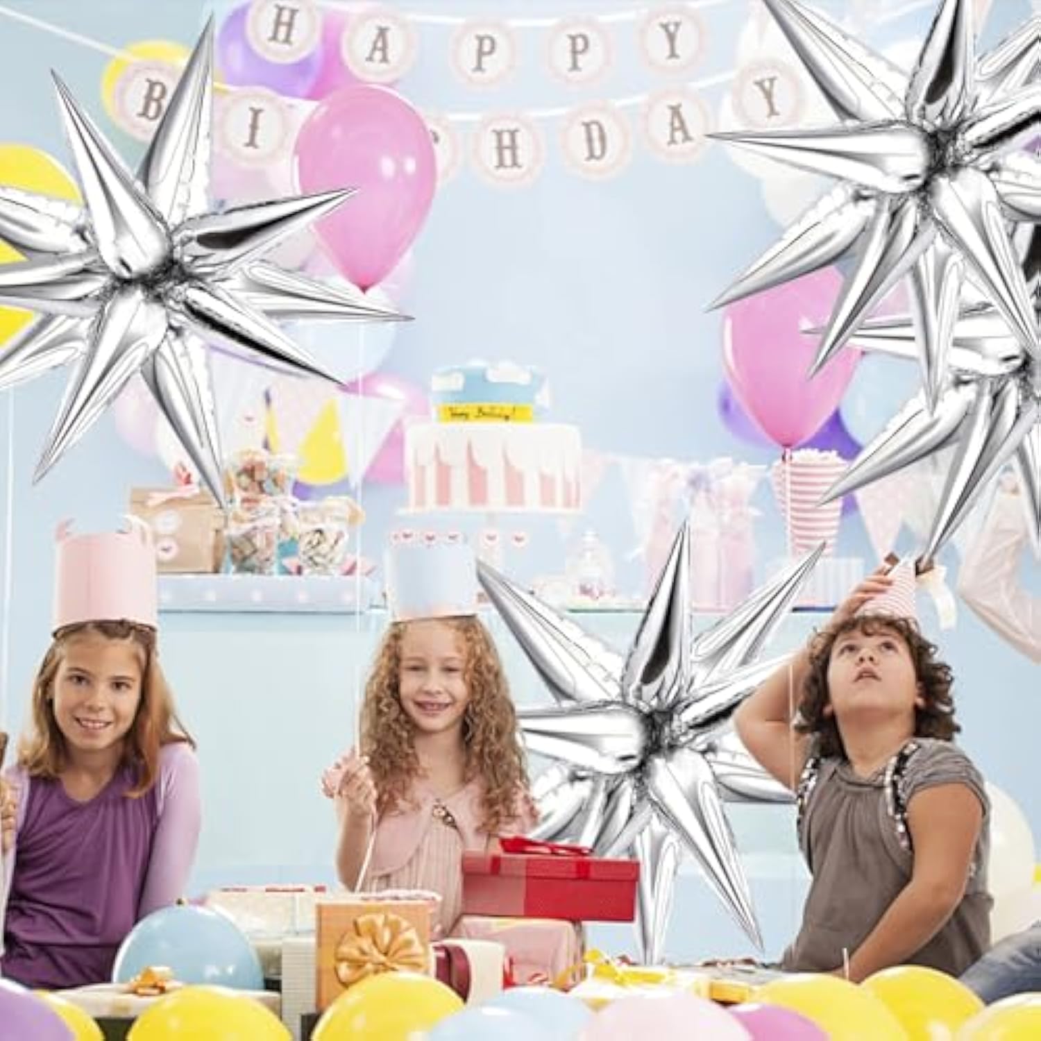 72 Pcs Explosion Star Foil Balloons 12 Point Silver Starburst Cone Mylar Balloons For Party Supplies Christmas Birthday Wedding Baby Shower Photo Booth (Silver)