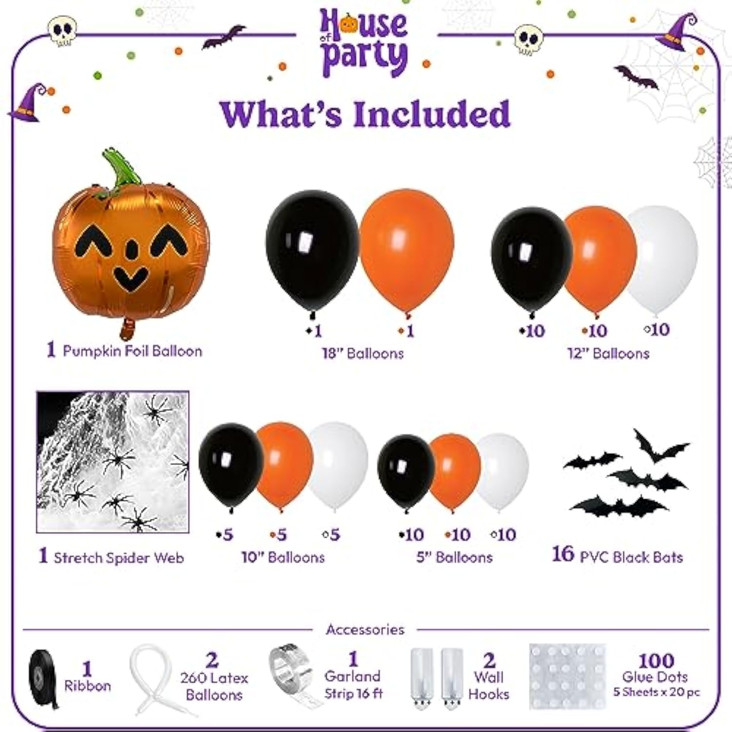 Halloween Balloon Garland Kit 80 Pcs - 5/10/12/18 Inch Orange And Black White Balloon Arch With 1 Pumpkin Foil Balloon, Pvc Bats & Spider Web For Halloween Party Decorations