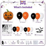 Halloween Balloon Garland Kit 80 Pcs - 5/10/12/18 Inch Orange And Black White Balloon Arch With 1 Pumpkin Foil Balloon, Pvc Bats & Spider Web For Halloween Party Decorations