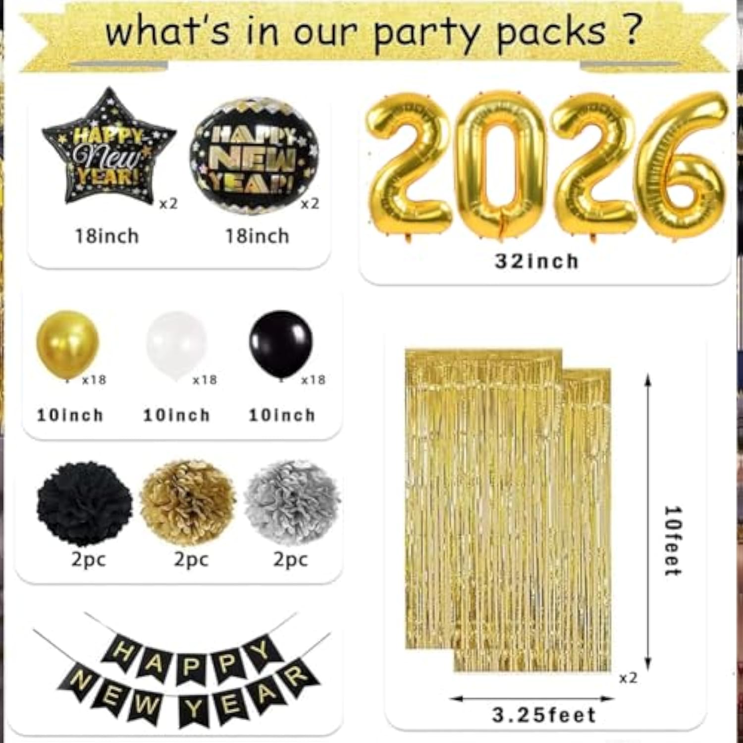 New Year 2026 Decorations Party Supplies Banner Balloons Curtains Stars