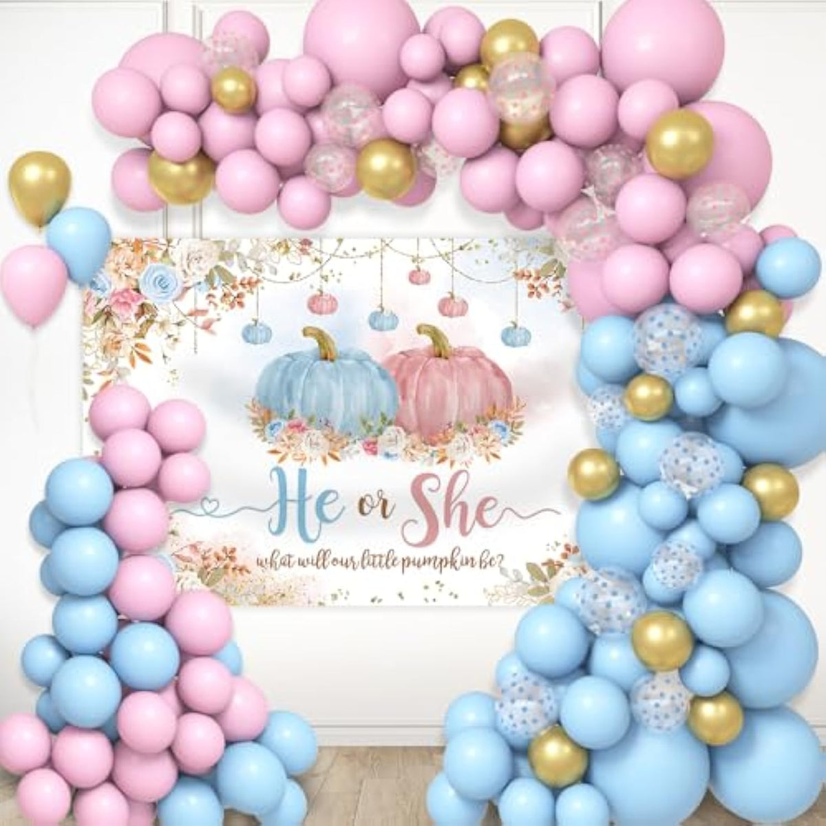 135PCS Fall Gender Reveal Balloon Arch Kit Blue Pink Pumpkin Decorations for Baby Shower
