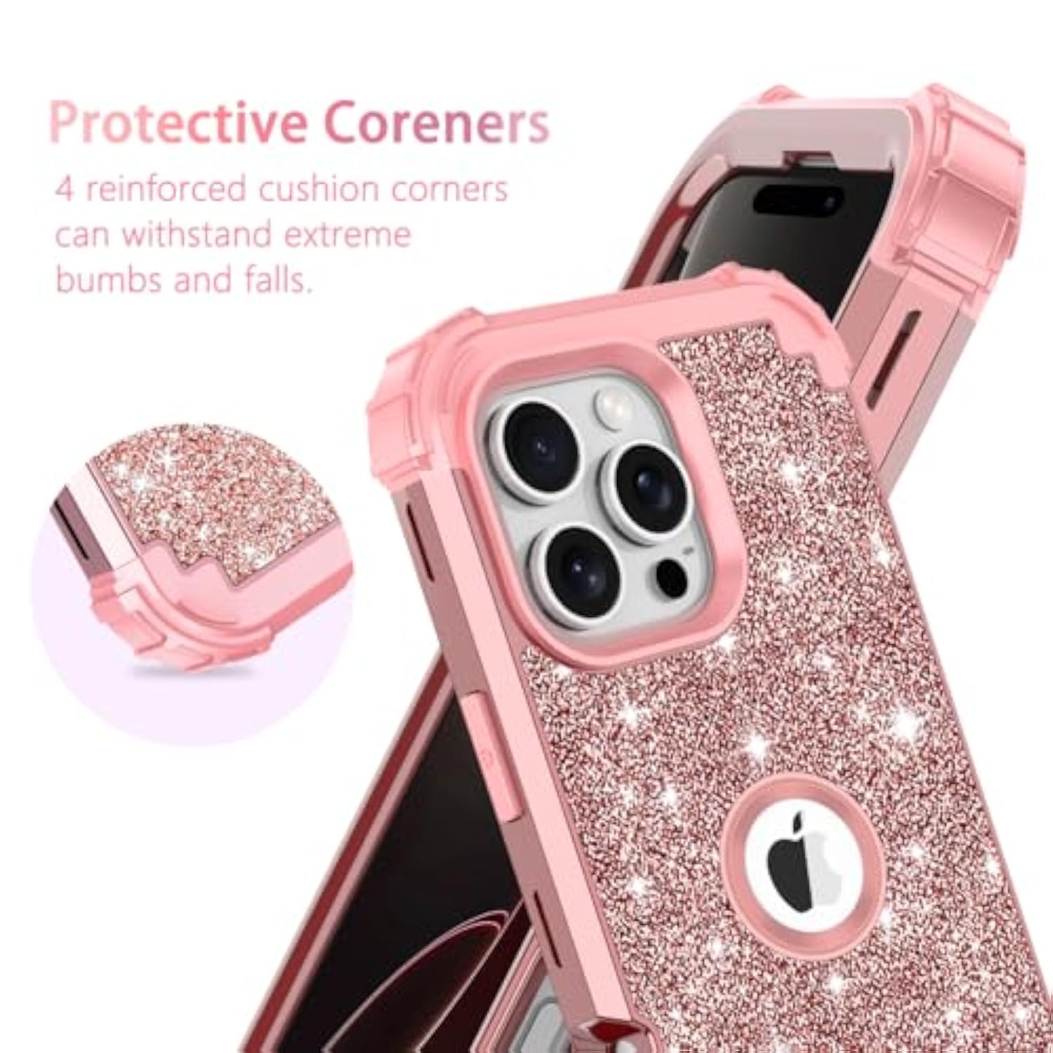 For Iphone 16 Pro Max Case Glitter Sparkly Bling 3 In 1 Shockproof Heavy Duty Hybrid Sturdy High Impact Protective Cover Case For Apple Iphone 16 Pro Max 6.9 Inch 2024,Rose Gold