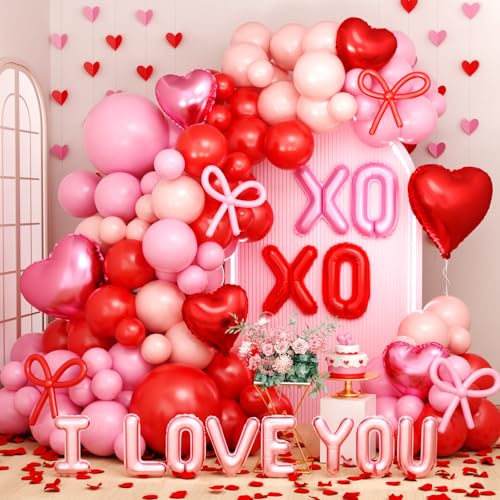 Valentines Day Balloon Arch Garland Kit, Valentine Pink White Red Heart I LOVE YOU XOXO Balloons with Rose Petals for Bachelorette Bridal Engagement Birthday Galentines Valentines Party Decorations