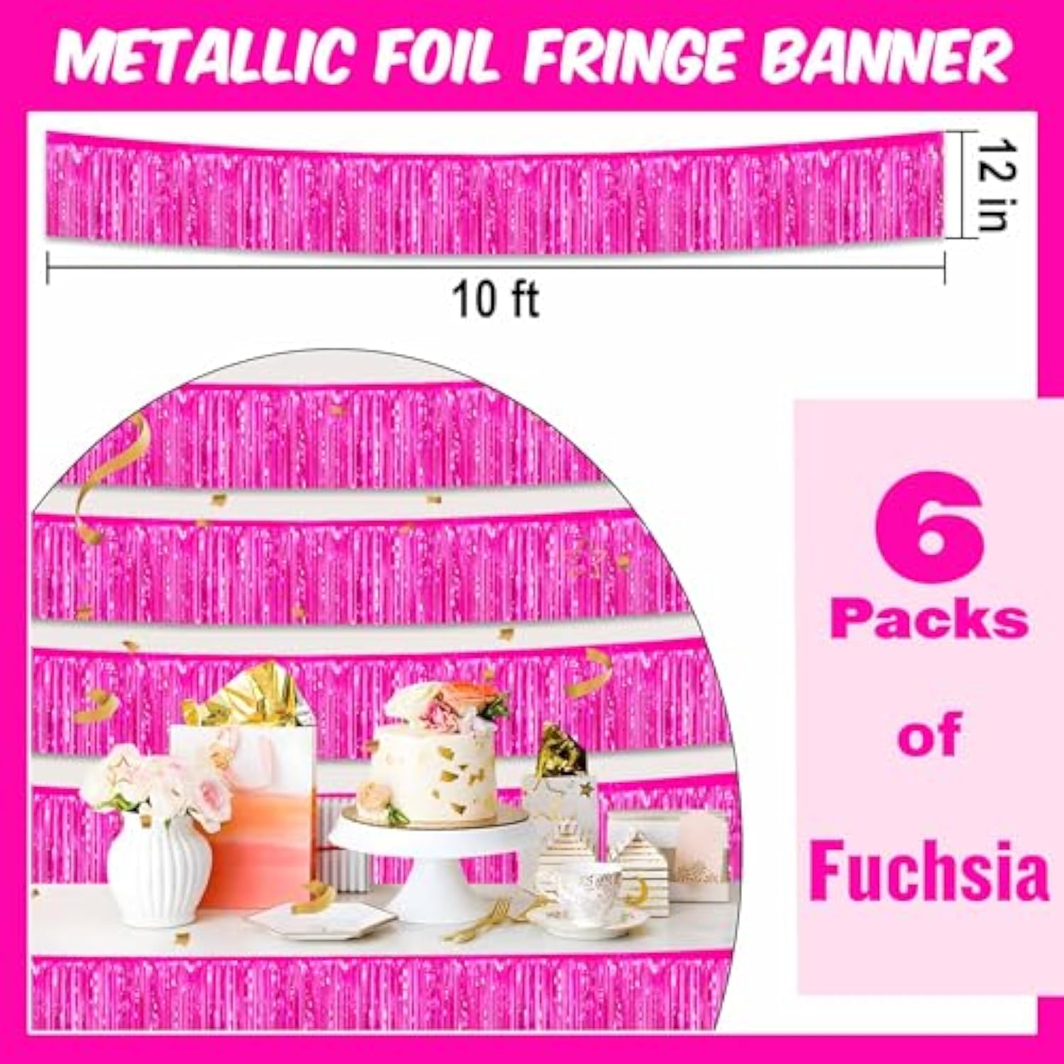 6 Pack 10 Ft Fuchsia Foil Fringe Garland Metallic Streamers Tinsel Banner Wall Hanging Garland Backdrop For Parade Floats, Halloween, Christmas, Thanksgiving, New Year Party Decorations
