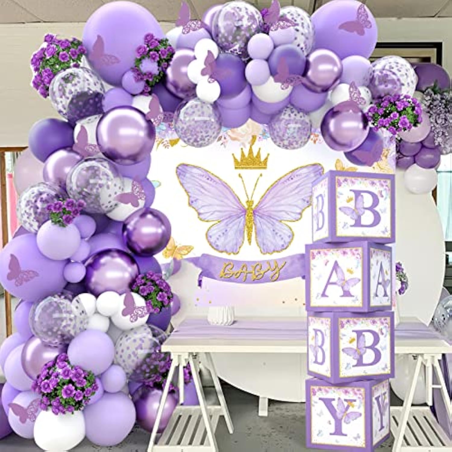 Purple Butterfly Baby Shower Decorations For Girl?Purple Balloon Garland Arch Kit?Purple Butterfly Baby Boxes And Butterfly Backdrop Kit For Baby Shower Butterfly Birthday Lavender Party Decorations
