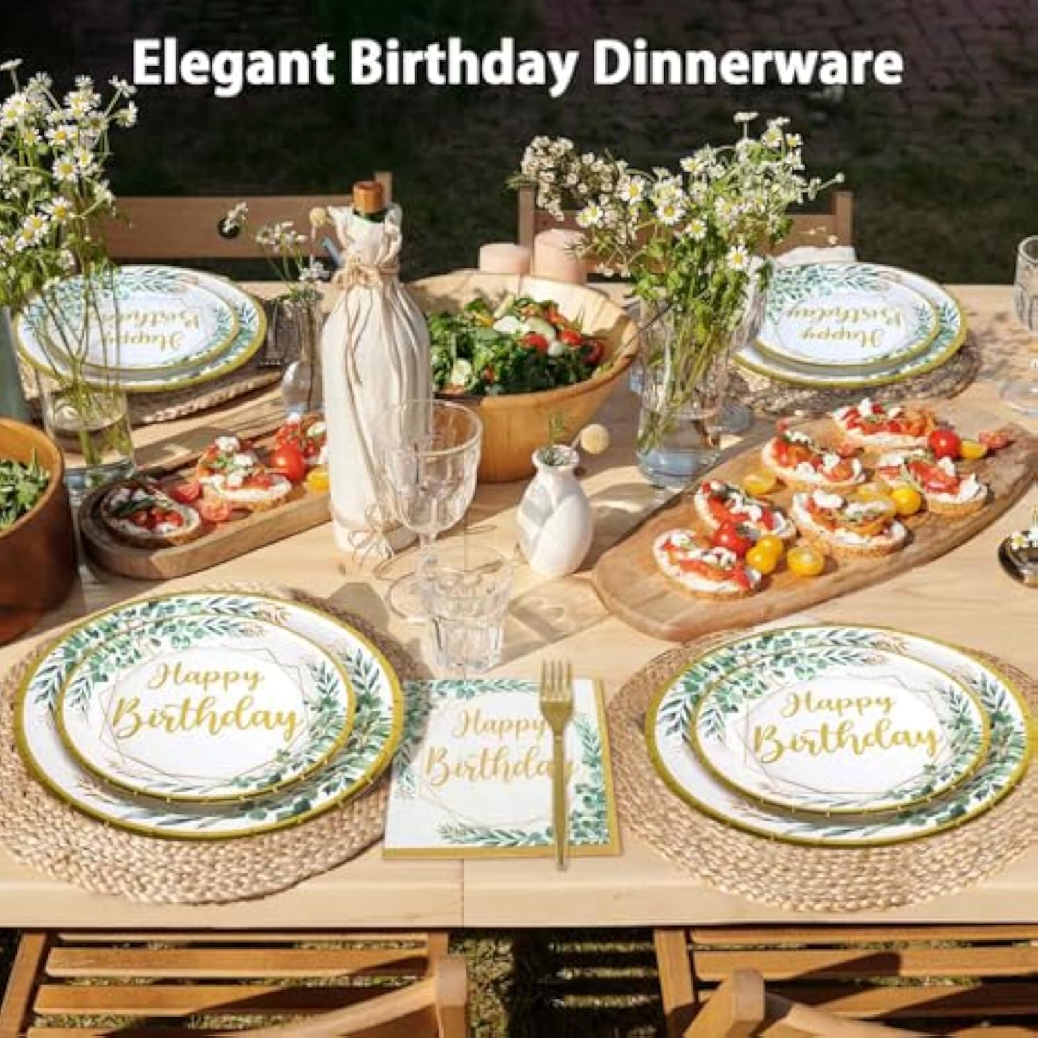 Neutral Sage Green Birthday Decorations Plates Set For 25 Guests, Glitter Foil Gold Print Happy Birthday Plates Napkins Forks Party Decorations