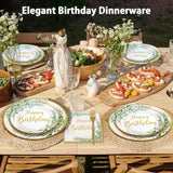 Neutral Sage Green Birthday Decorations Plates Set For 25 Guests, Glitter Foil Gold Print Happy Birthday Plates Napkins Forks Party Decorations