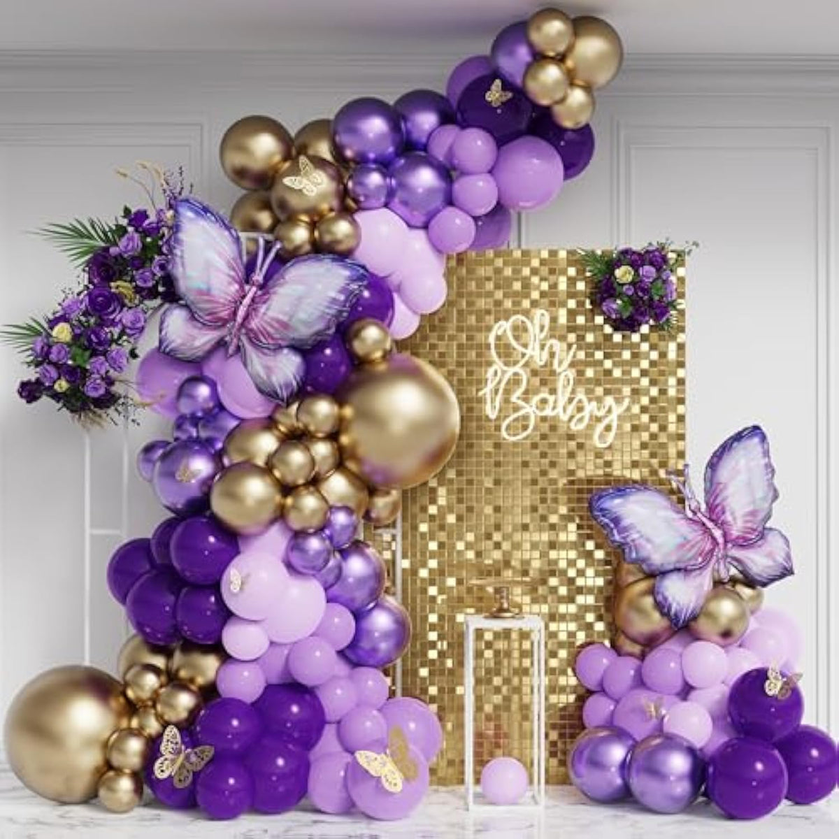 158pcs Purple Butterfly Balloon Arch Kit with Chrome Gold & Foil Balloons