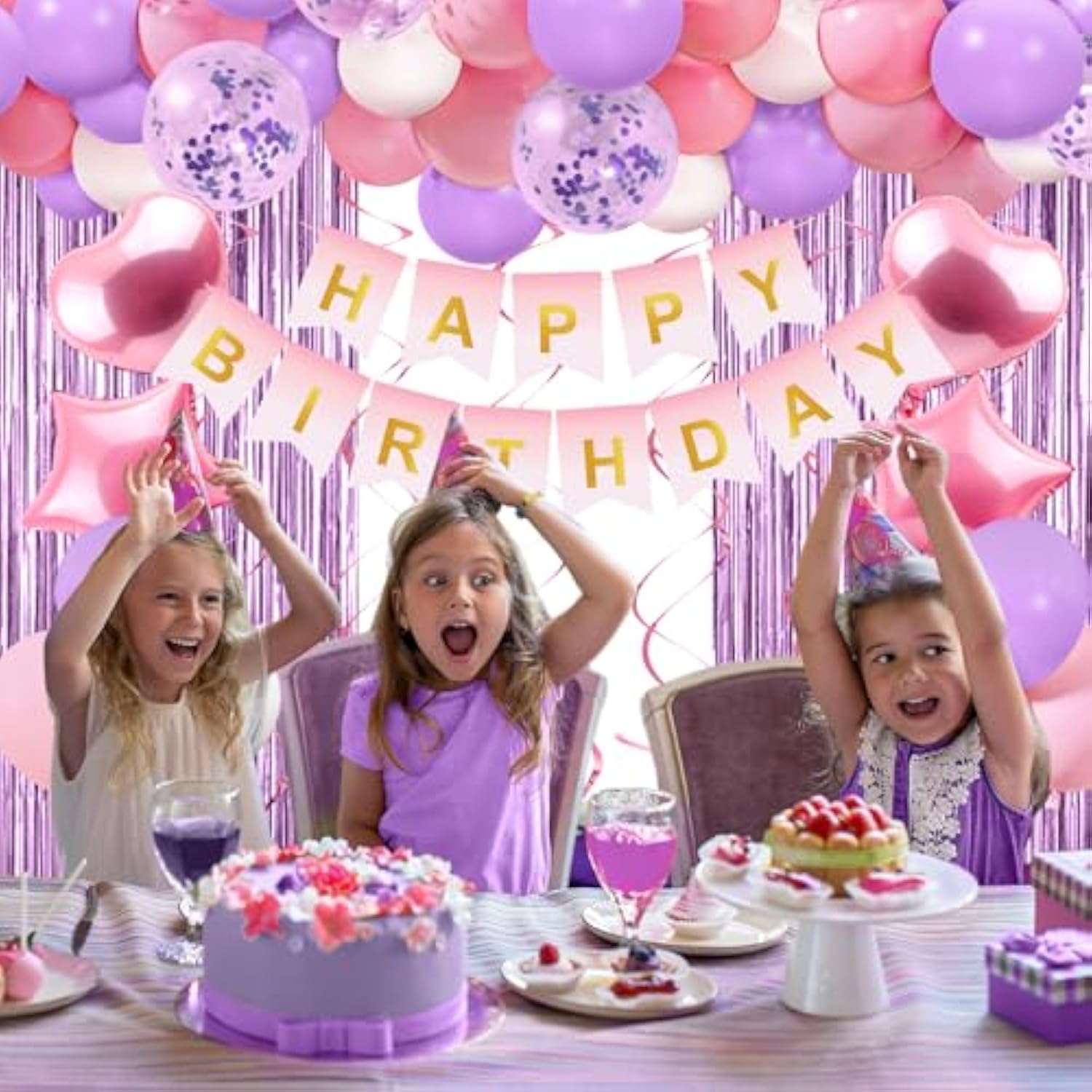 Happy Birthday Decorations For Women Girls - 50 Pcs Purple Pink Birthday Decorations Include Happy Birthday Banner Balloons Fringe Curtain Hanging Swirls For Birthday Party Supplies