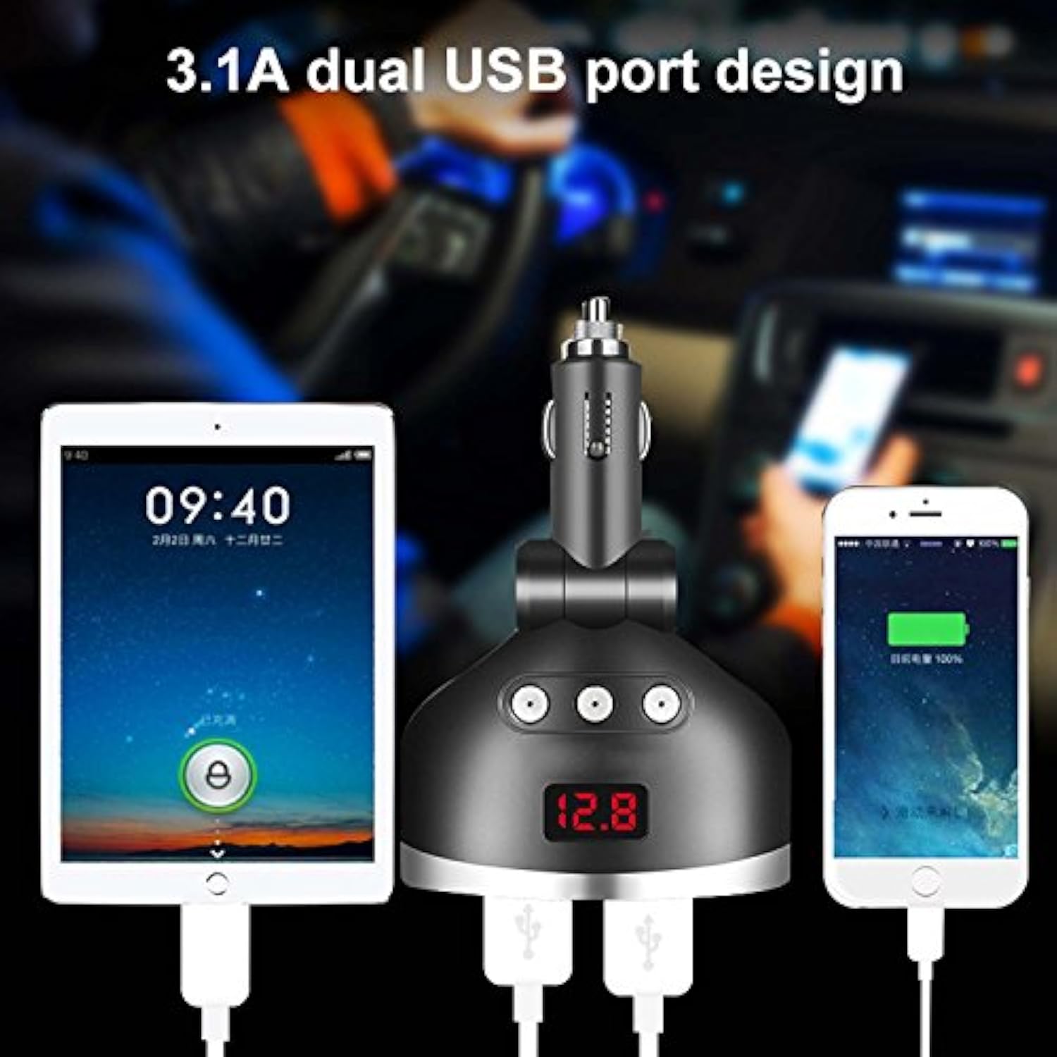 Car Charger,120W 3-Socket Cigarette Lighter Power Adapter Dc Splitter 3.1A Dual Usb Car Charger 12/24V With Led Voltage Display For Smartphone